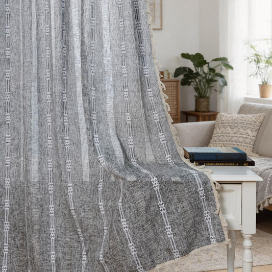 ColorBird Boho Curtains for Bedroom Living Room Linen-Textured Grey 63 Inch Length Farmhouse Light Filtering Neutral Embroidered Striped Linen Drapes 2 Panels Window Treatment