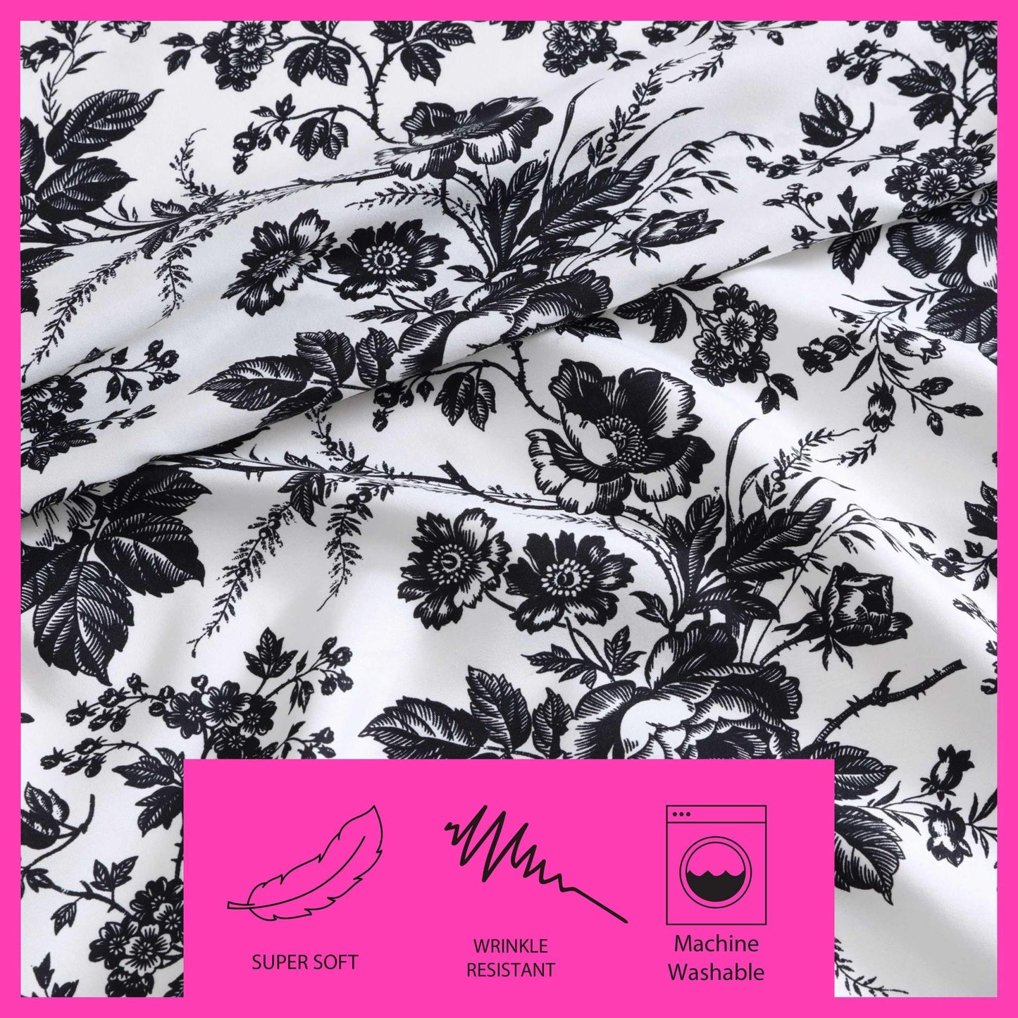 Betsey Johnson - Full Size Sheet Set, Ultra-Soft & Lightweight Bedding with Pillowcases, Fully Elastic Fitted Sheet, Deep Pocket, Floral Room Decor (Betsey's Toile Black)