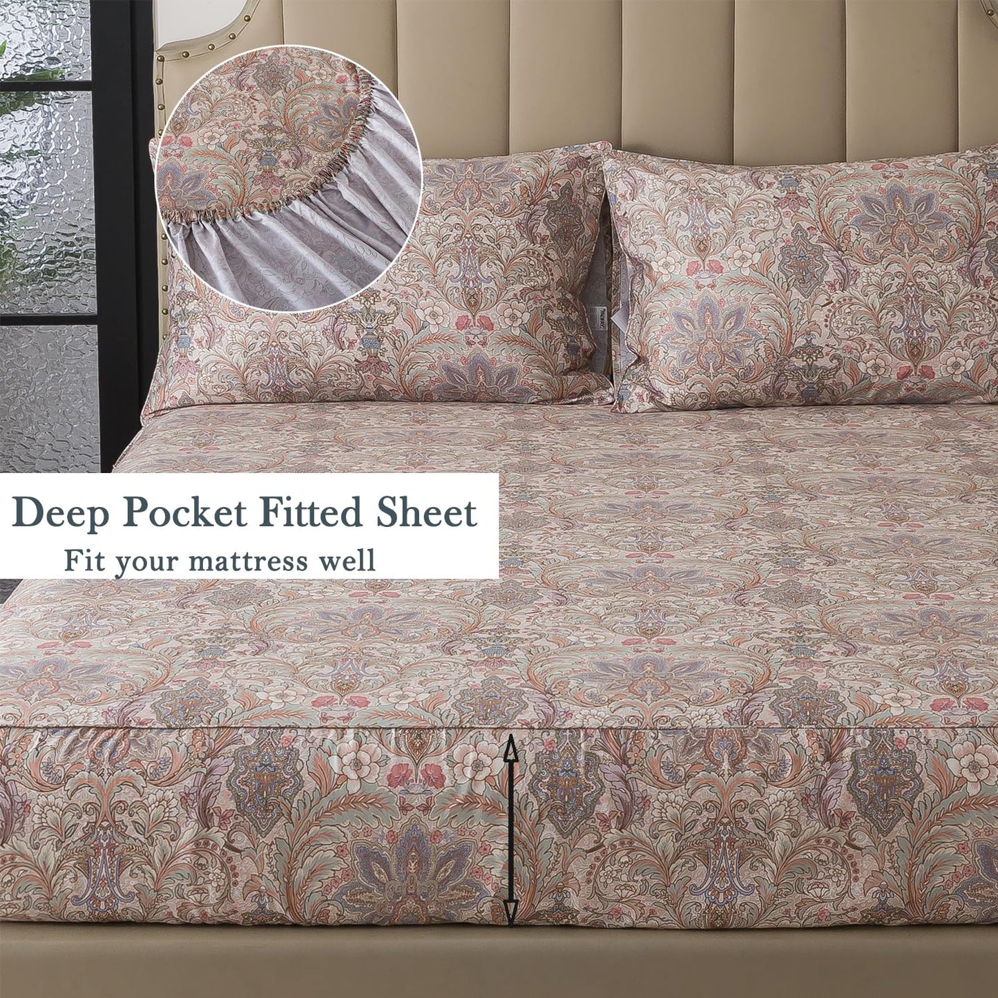 FADFAY Vintage Brown Paisley Queen Sheet Set, 4-Piece Long-Staple Cotton, Soft & Breathable, Deep Pocket Fitted Sheet for All Seasons