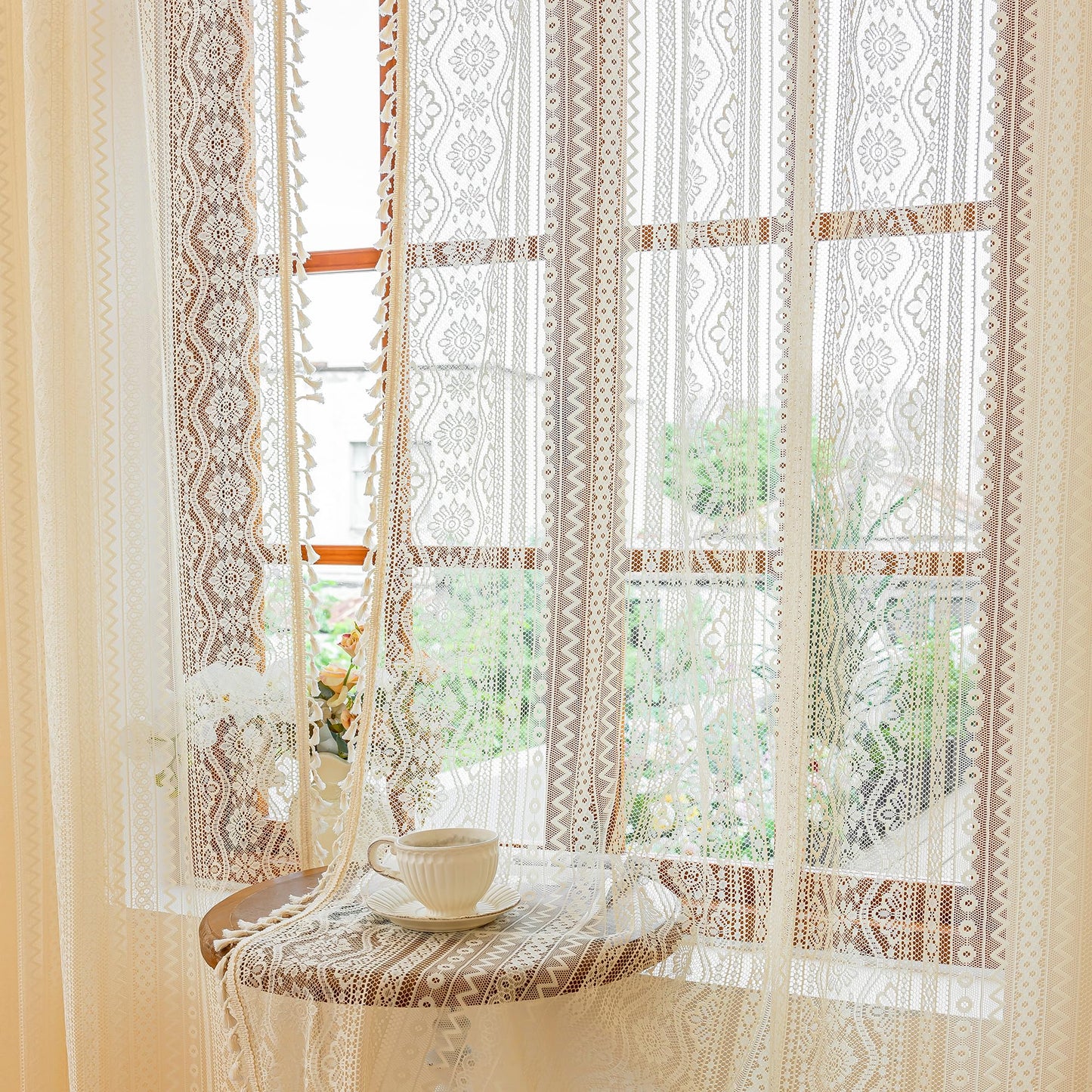 MYSKY HOME Beige Boho Lace Sheer Curtains with Tassels 84 Inch Length 2 Panels Vintage Floral Bohemian Pattern French Rustic Crochet Geometry Striped Rod Pocket Drapes for Living Room Bedroom, 55" W