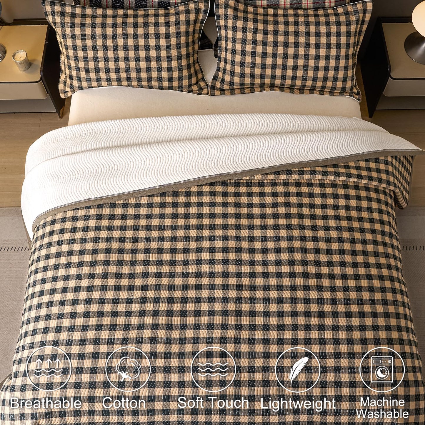 tohrisa Cotton Plaid Quilt Set, Ultra Soft 3 Pieces Queen Size Bedding with 2 Pillow Shams, Lightweight Reversible Coverlet Bedspread with Wave Quilting for Summer, 90"x96", Grid- Dark Green
