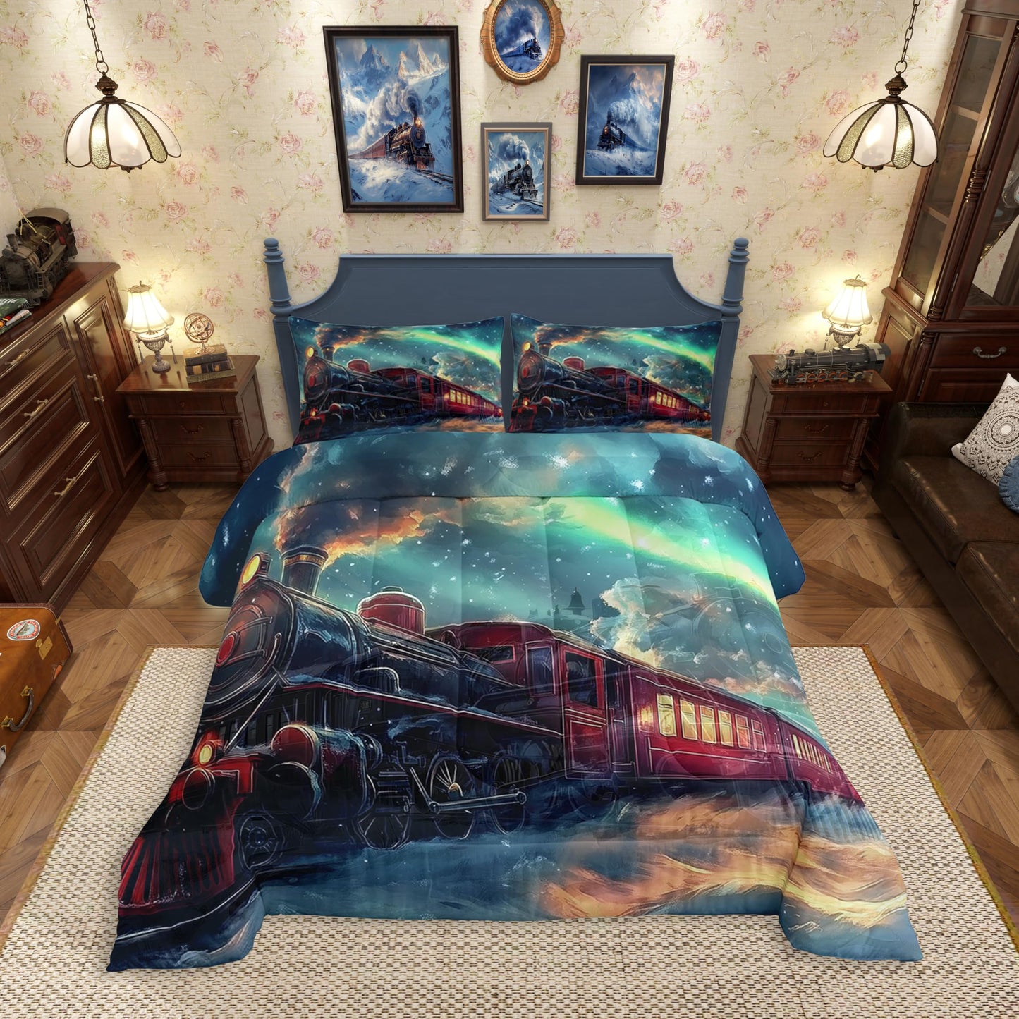 Erosebridal Aurora Train Bedding Set Twin,Steam Train Comforter Set for Boys Girls Kids,Winter Snow Scene Bed Comforter Sets Transportation Trains Quilt Bed Set with 1 Pillowcase Bedroom Decor