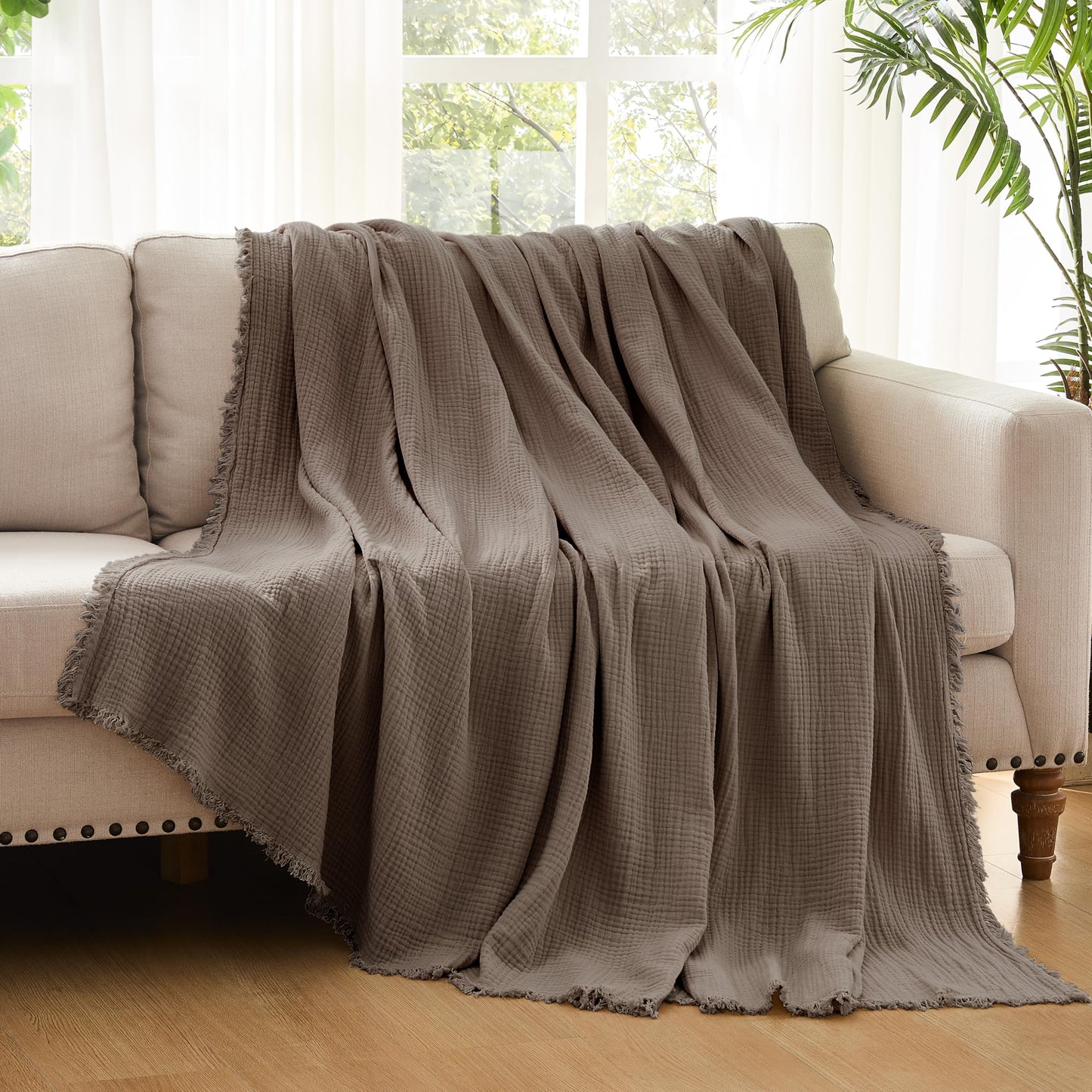 WDCOZY Muslin Throw Blanket 100% Cotton Blankets 4-Layer Breathable Lightweight Soft for Couch Boho Farmhouse Linen Tassels Ruffle Gauze Blankets 50x60 Inches Brown Mocha Chocolate Coffee Taupe