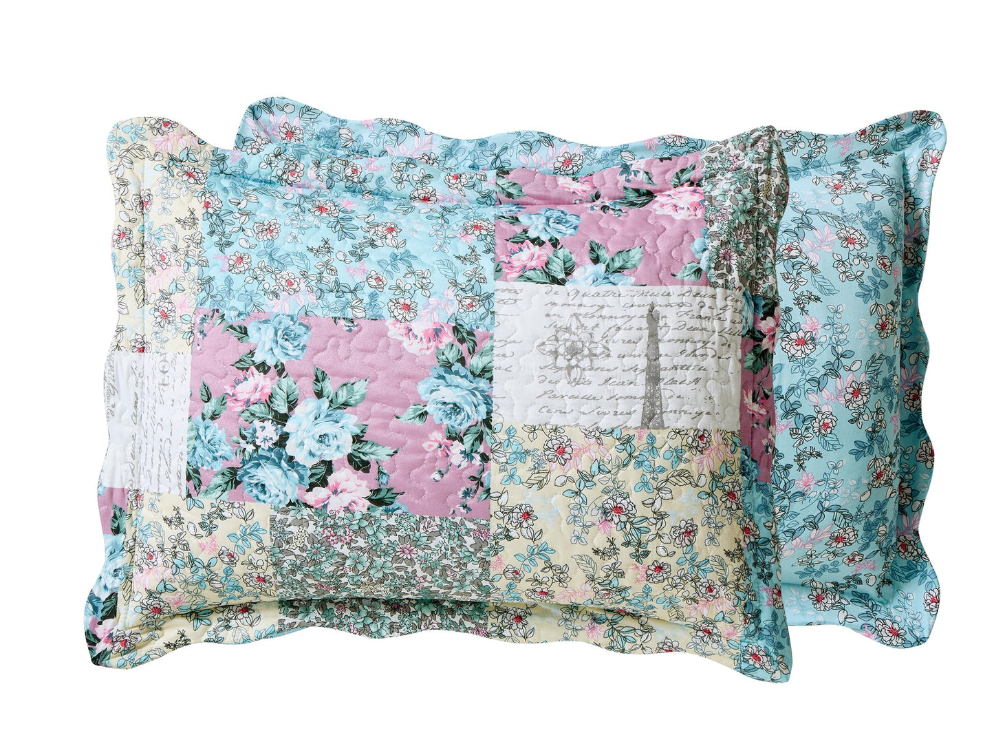 Brilliant Sunshine Lilac Rose Toile Quilt Set, 3-Piece Bedding Sets, Traditional Lively Patchwork Design, Washable, Reversible Bedspread, Soft Lightweight Coverlet, All-Season, Full/Queen, Egg Blue
