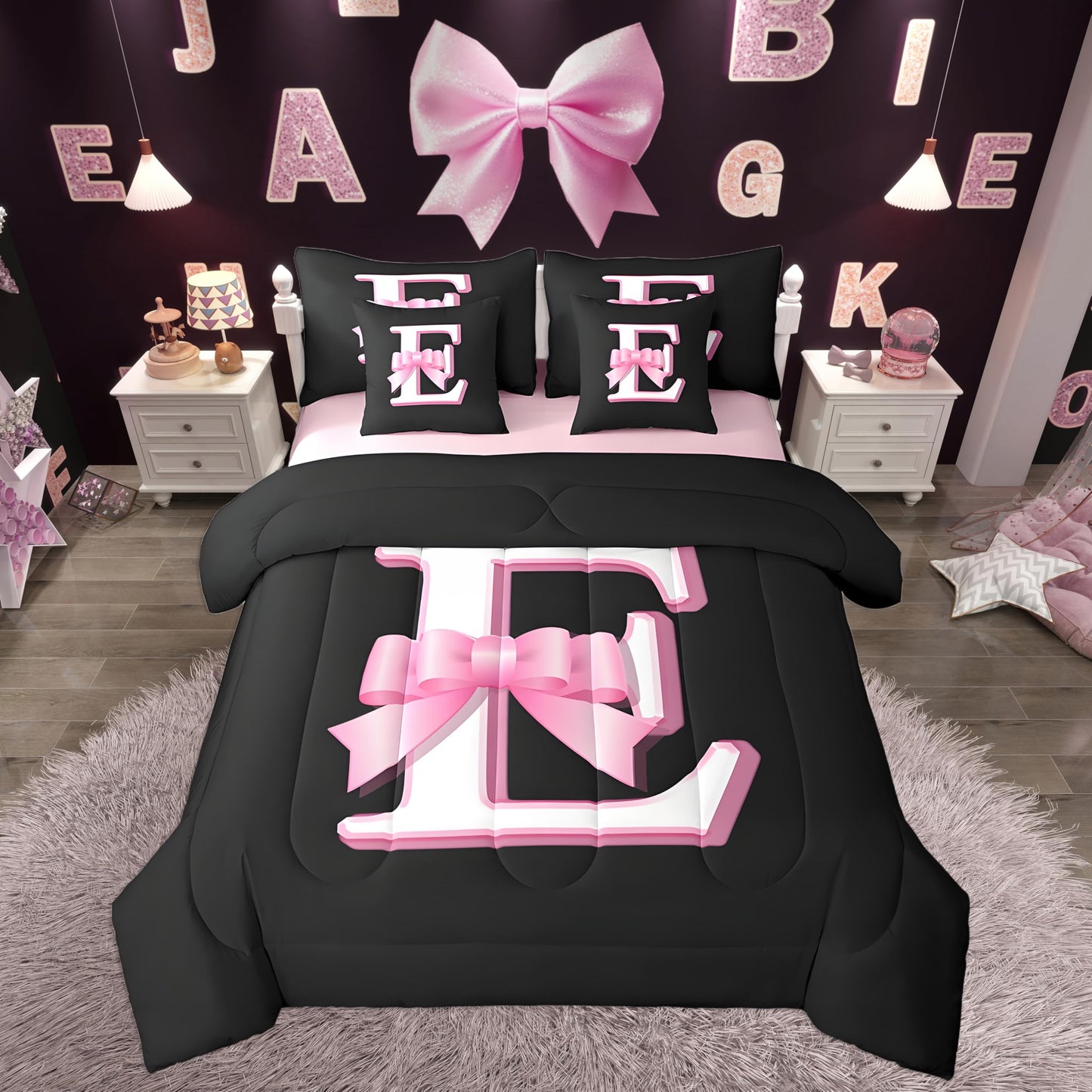 jejeloiu Kids Girls Black Pink Bow Comforter Set with Sheets Twin Size Monogrammed 7 Piece Bedding Set Personalized Initial E Bed in a Bag with Comforter,Sheets,Pillowcases Modern Fashion Bed Set