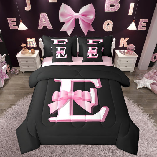 jejeloiu Kids Girls Black Pink Bow Comforter Set with Sheets Twin Size Monogrammed 7 Piece Bedding Set Personalized Initial E Bed in a Bag with Comforter,Sheets,Pillowcases Modern Fashion Bed Set