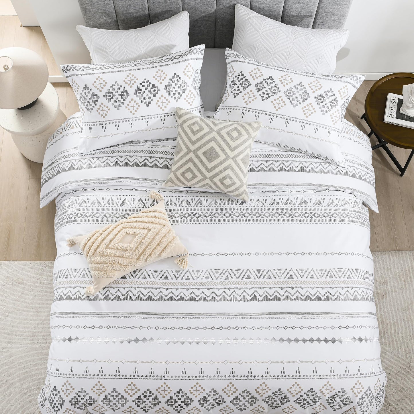 VOOVY Duvet Cover King - 100% Cotton Boho Duvet Cover King Size, 3 Pieces Bohemian Geometric Lightweight Soft Breathable Bedding Duvet Covers Set for All Season (Charcoal, 104"x90", No Comforter)