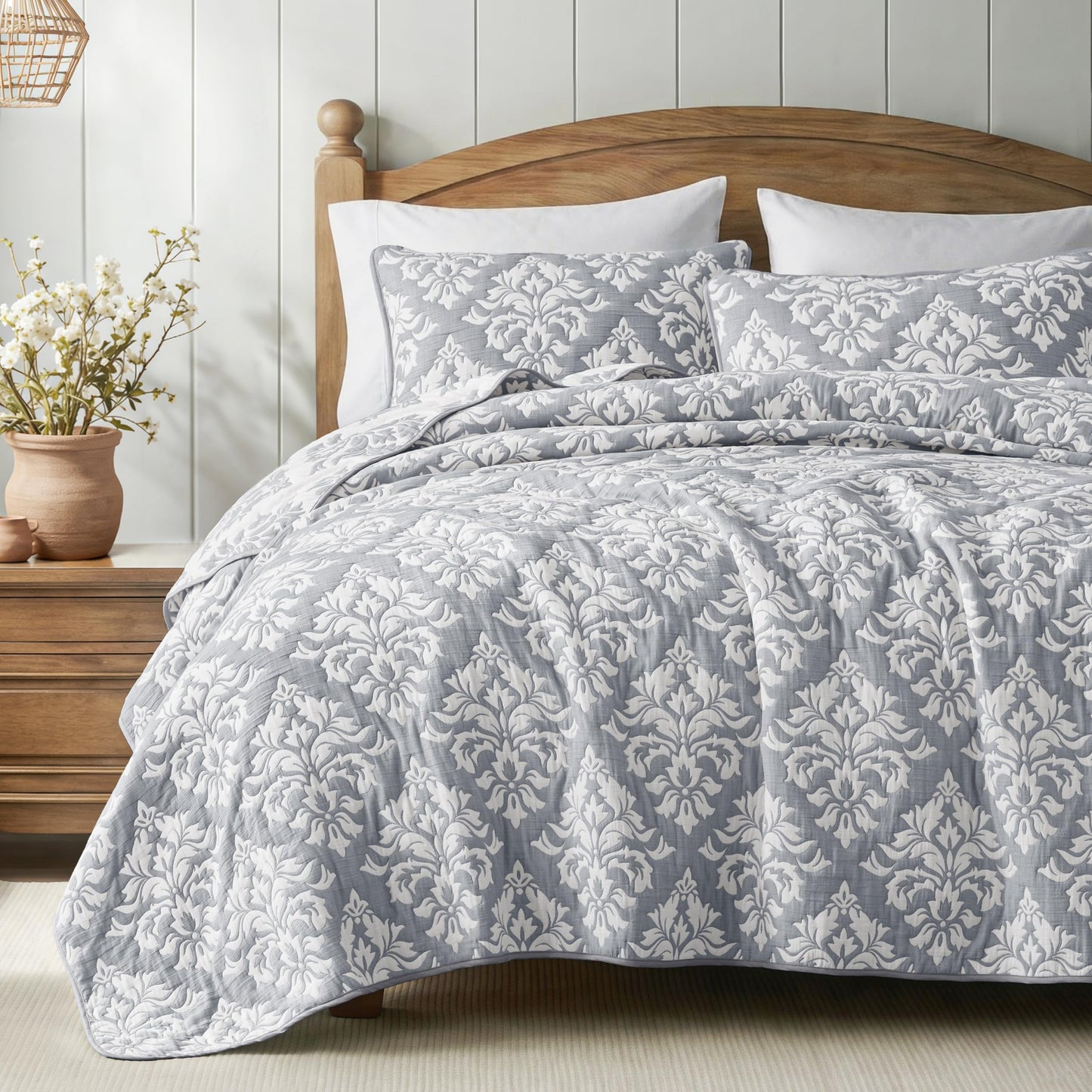 Exclusivo Mezcla Cotton Quilts King Size Grey, Soft Lightweight Bedspread Breathable Prewashed Bed Coverlet with 2 Pillow Shams, Boho Pattern Yarn Dyed Muslin Quilt Bedding Set for All Seasons