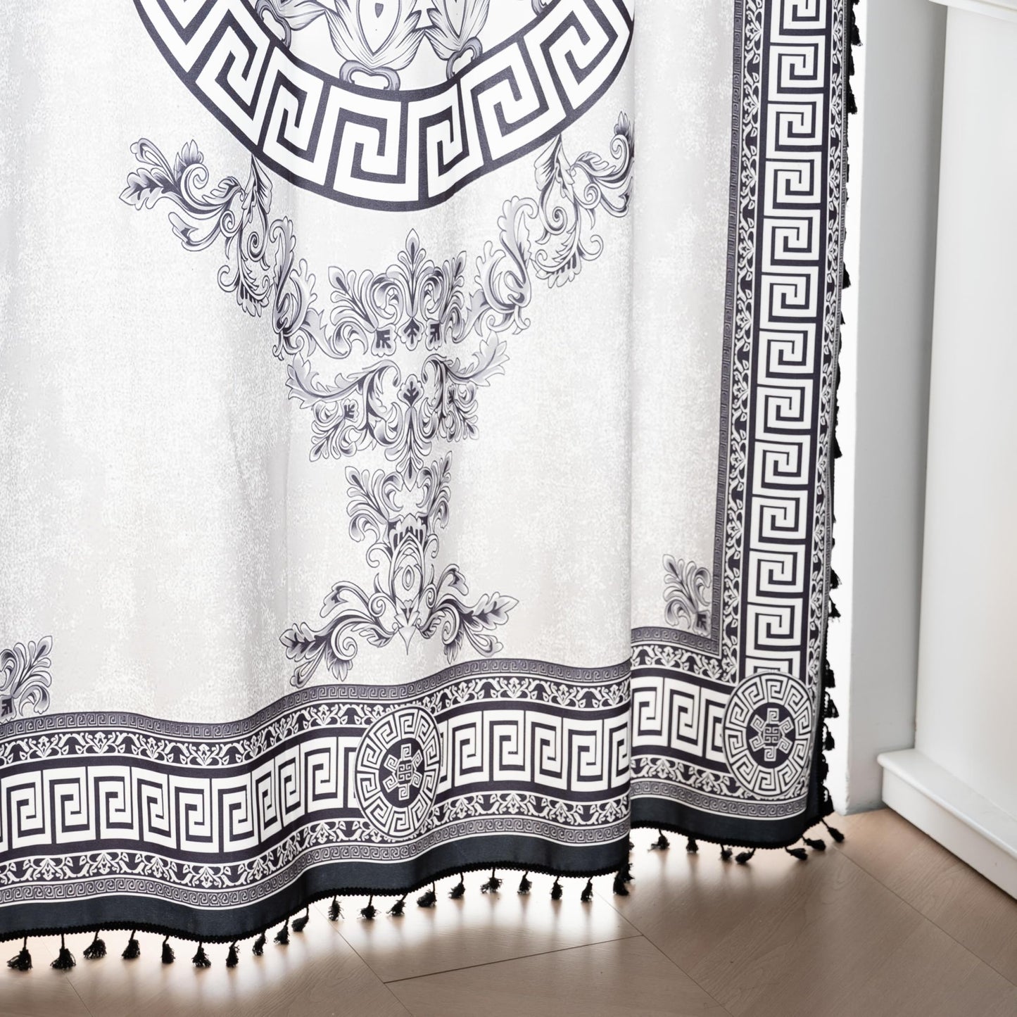 Erbnaryx Black Medallion Curtains 72 Inches Long, Boho Farmhouse Light Filtering Rod Pocket Drapes with Tassel Trim for Bedroom Living Room, 2 Panels