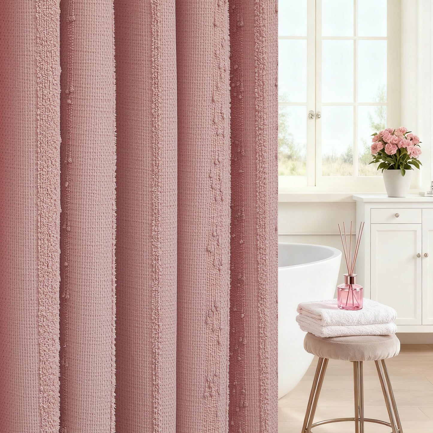 Lameirose Pink Shower Curtain Boho, Cotton Blend Waffle Shower Curtain Textured, Fabric Shower Curtains for Bathroom, Washable 72 x 72