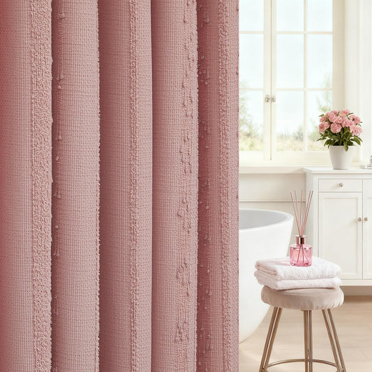 Lameirose Pink Shower Curtain Boho, Cotton Blend Waffle Shower Curtain Textured, Fabric Shower Curtains for Bathroom, Washable 72 x 72
