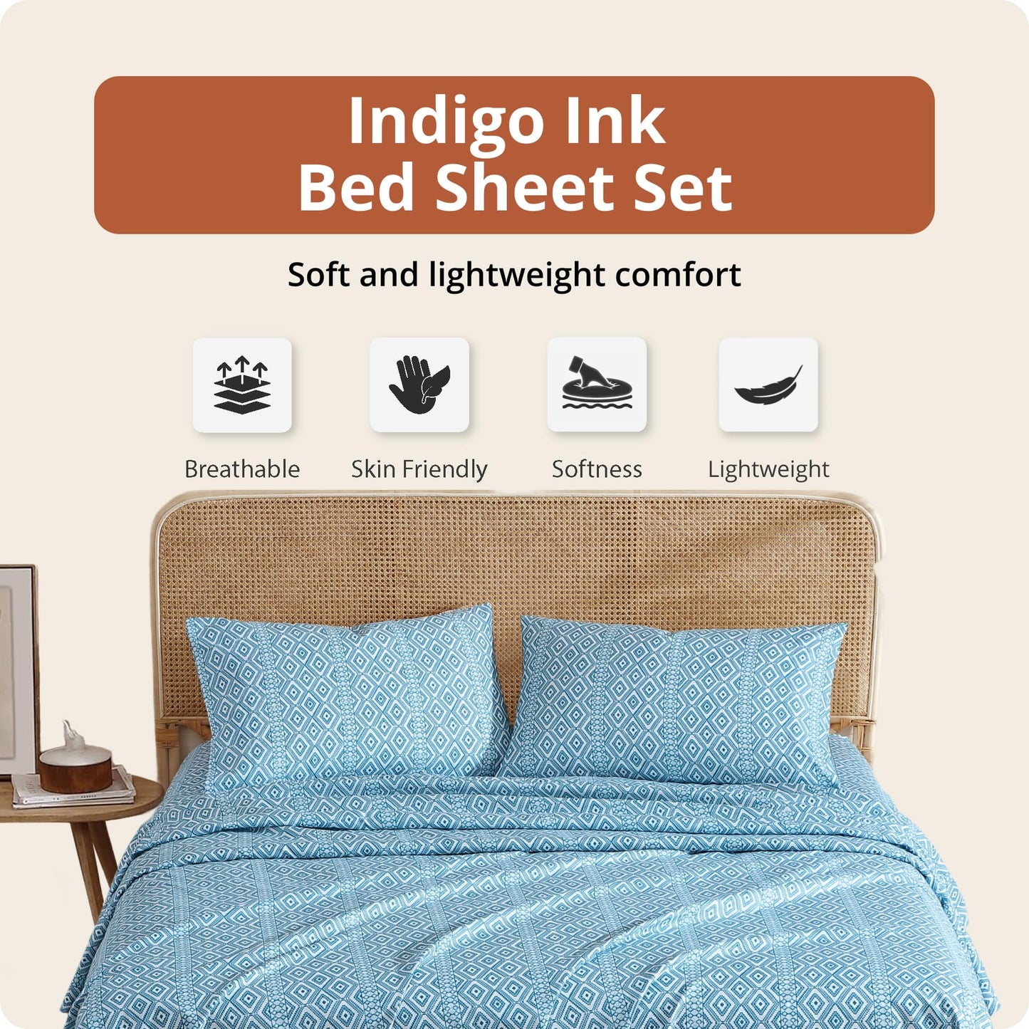 Indigo Ink Queen Size 4-Piece Sheet Set - Fitted & Flat Sheets & Pillowcases, Medium Weight, Soft & Breathable, Durable & Wrinkle Resistant, Deep Pocket Sheets, Tribal Jade Collection Enamel Blue