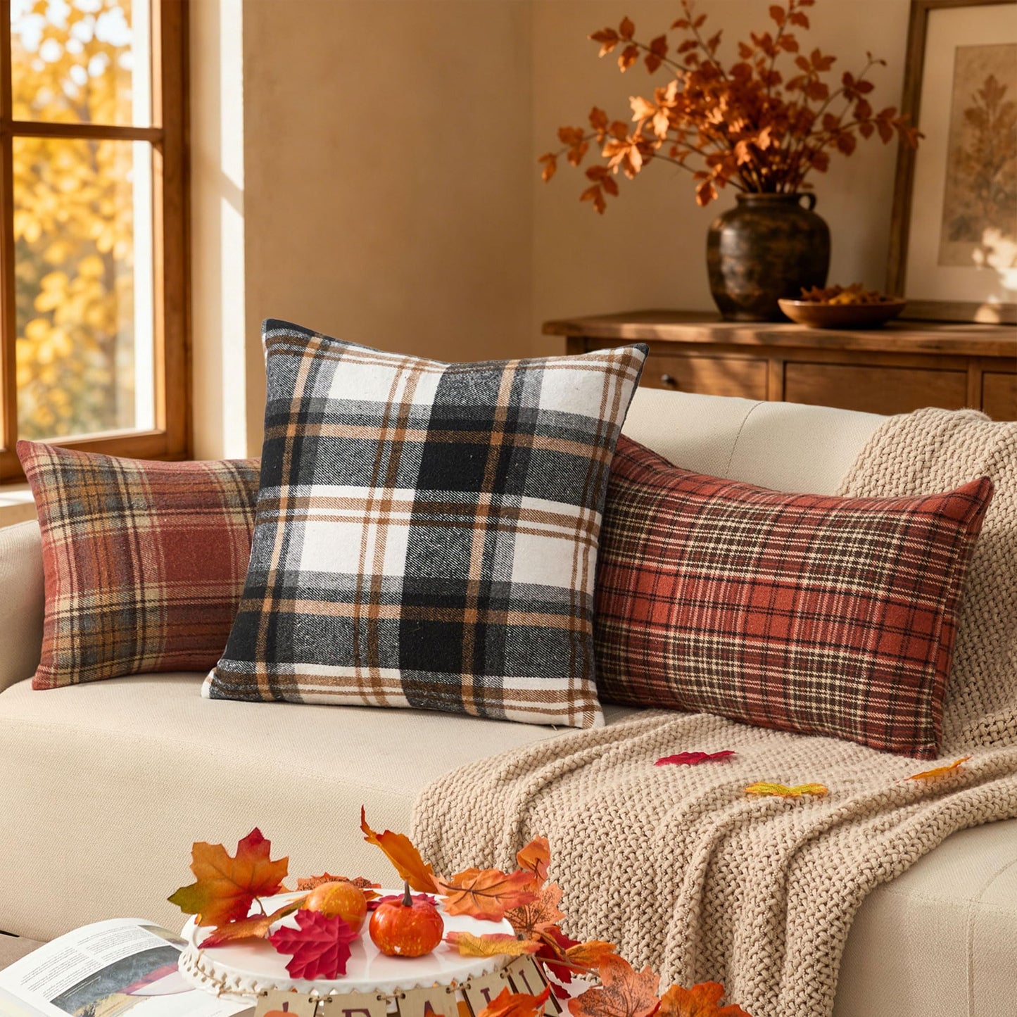 KUYZT Fall Plaid Pillow Covers 18x18 Set of 2 Black Beige Buffalo Plaid Decorative Outdoor Pillowcases Farmhouse Rustic Home Decor for Couch Sofa Bedroom Chair Garden QZ002A18