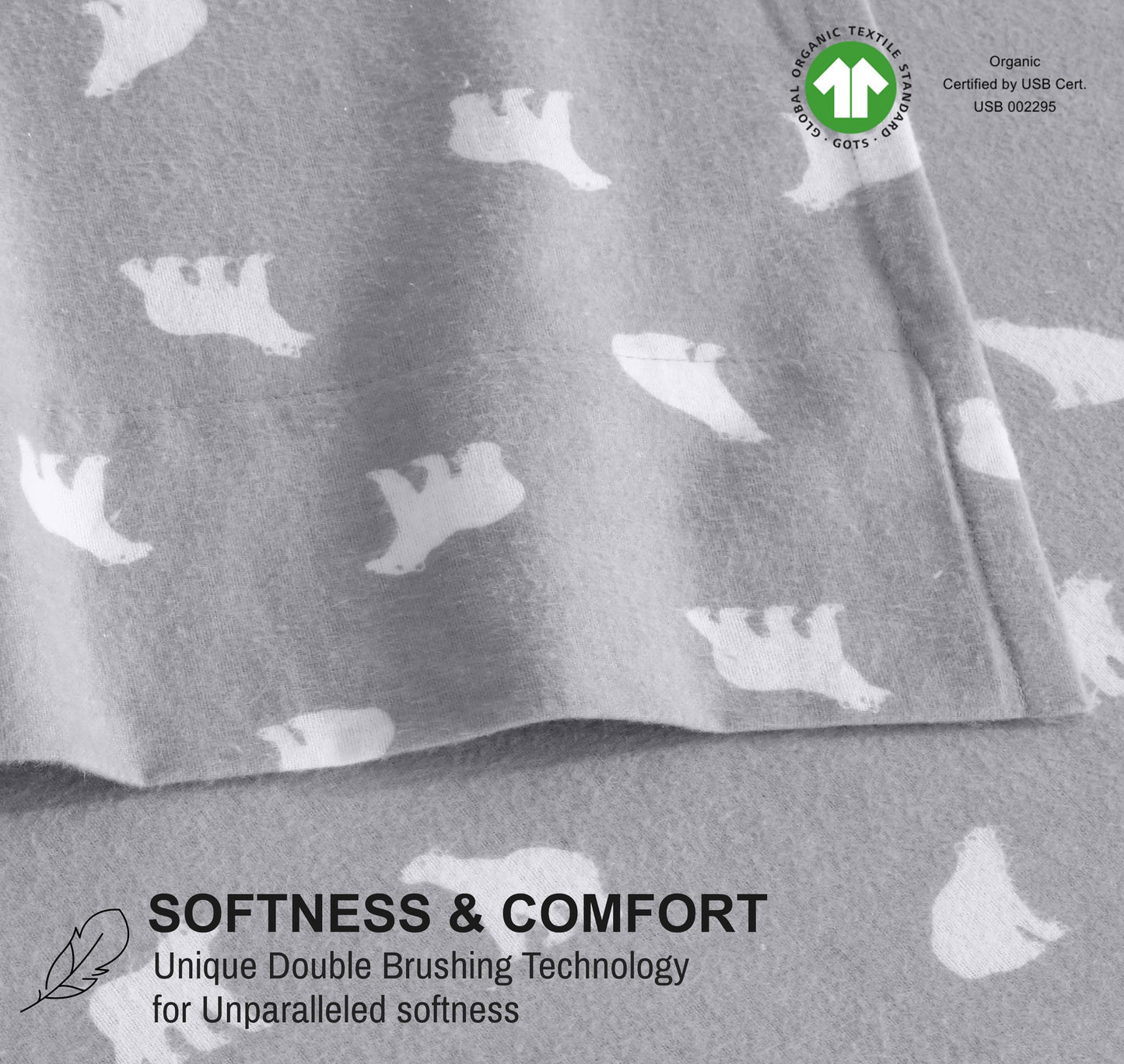 RUVANTI Flannel Sheets Queen Size - GOTS Certified 100% Organic Cotton, 4 Piece Warm, Soft & Breathable Set, Deep Pocket Snug Fit, Double Brushed Cozy All Season Bedding, Baby Bear