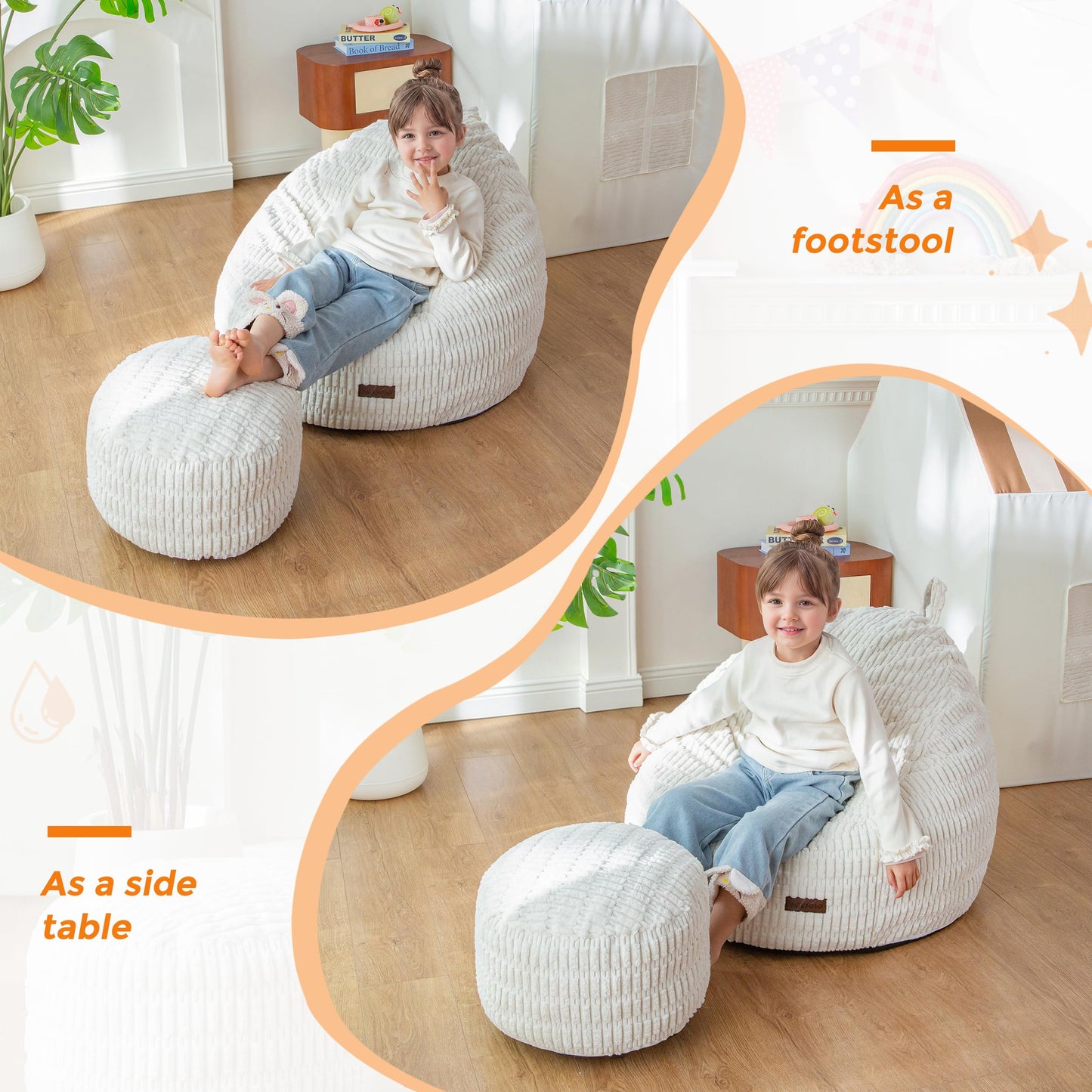 MAXYOYO Kids Bean Bag Chair with Ottoman, Soft Floor Bean Bag Sofa, Beige