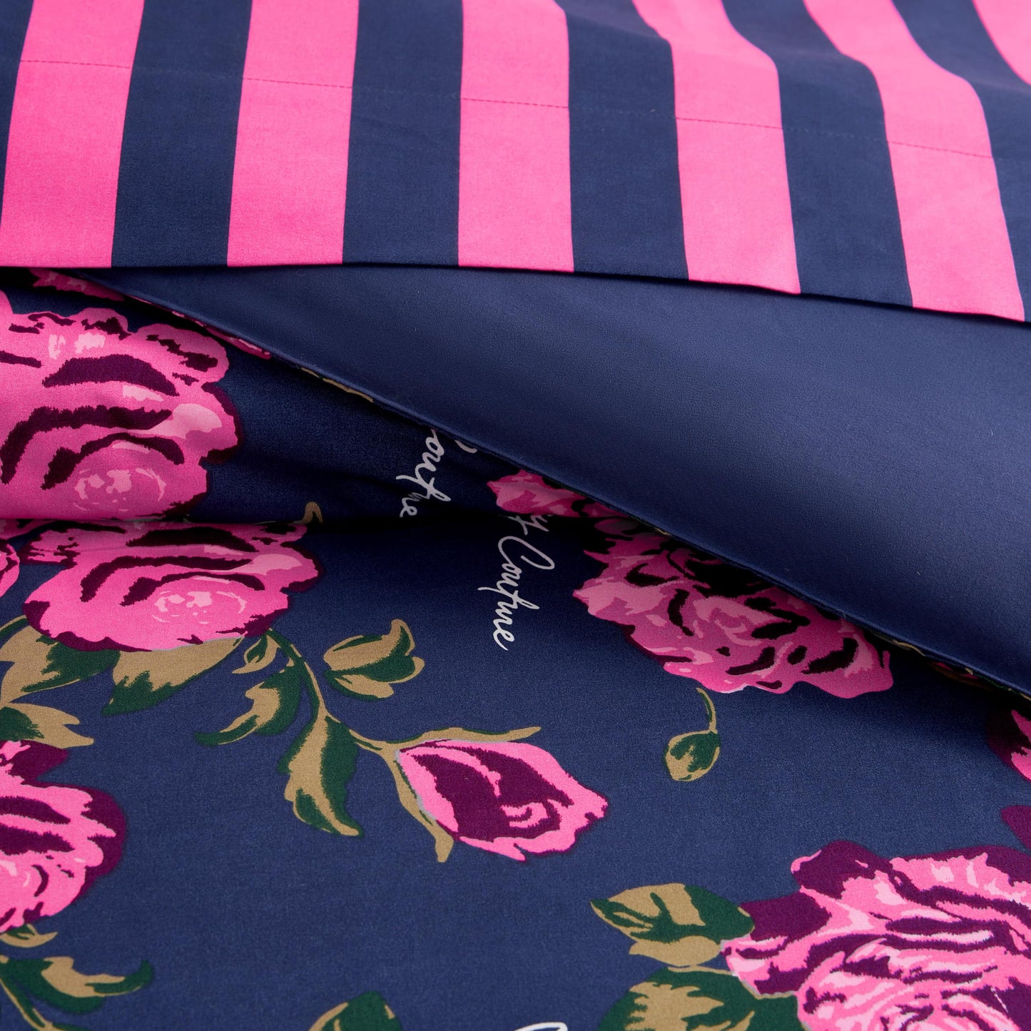 Juicy Couture Rose Logo King Comforter Set, Navy/Pink – 8-Piece Complete Bed in a Bag