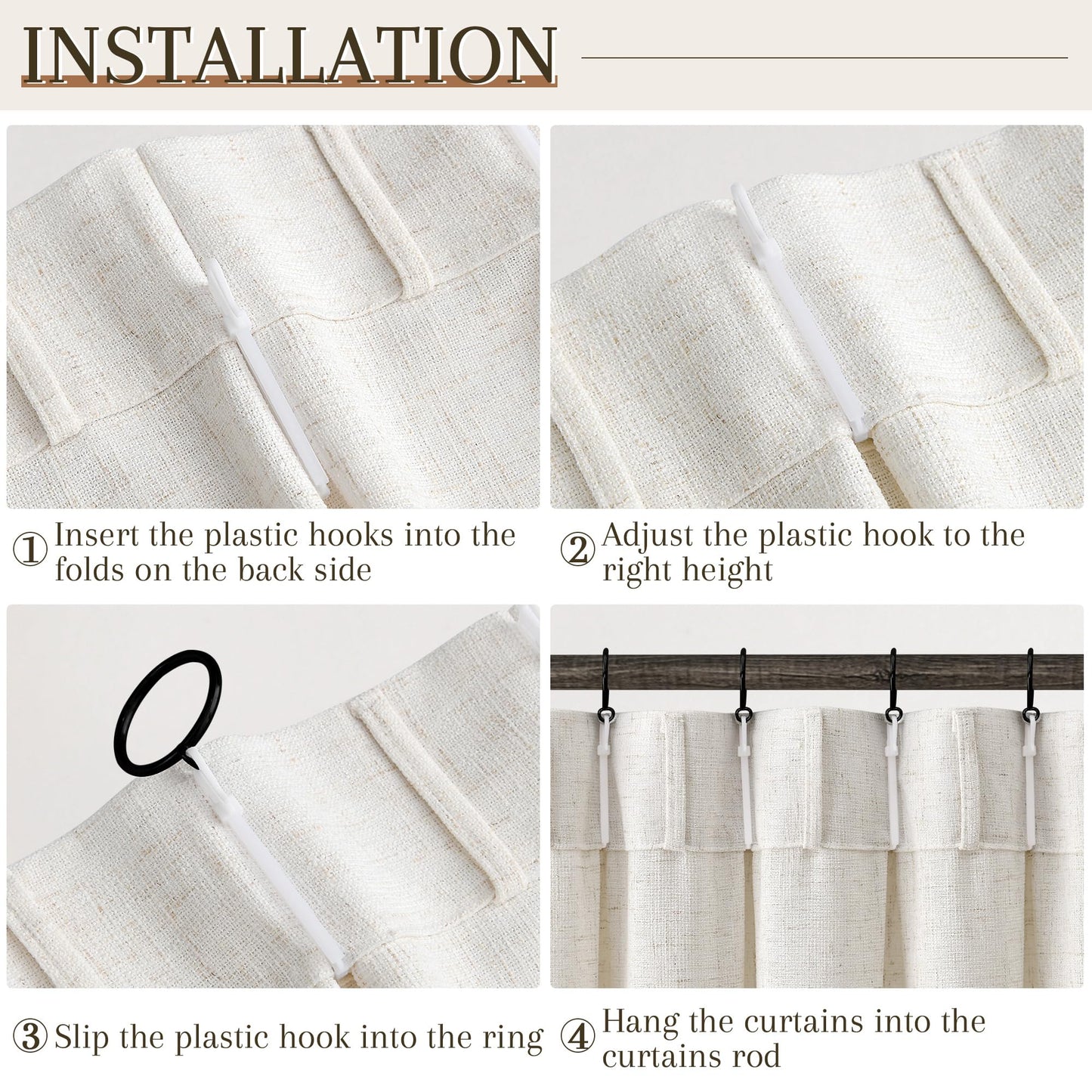 Joywell Kitchen Window Curtains 40 Inch Length - Short Linen Pinch Pleated Drapes 2 Panels, Natural Cream Semi Sheer Light Filtering Privacy Small Curtain with Back Tab Clip Rings 34x40