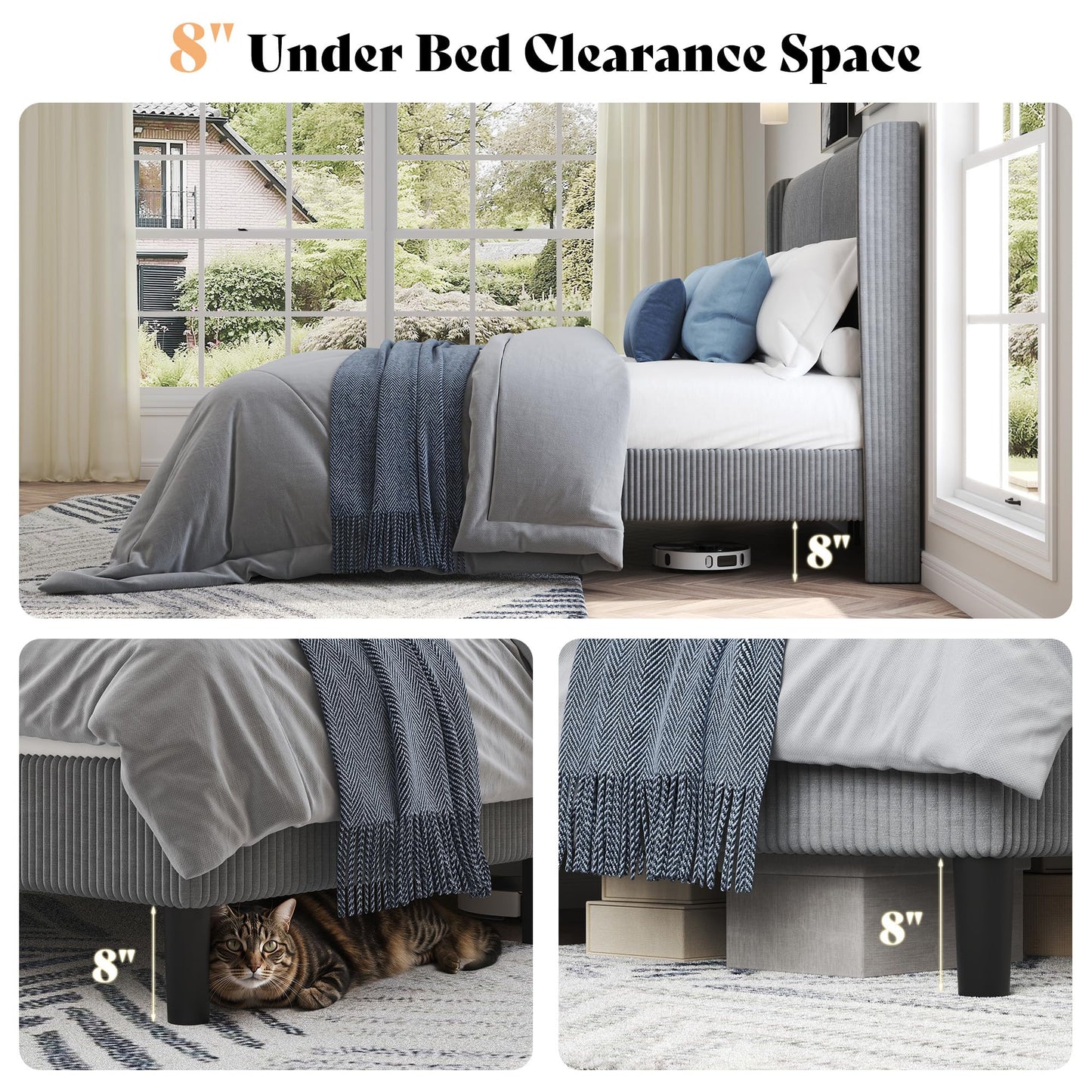 AMERLIFE King Bed Frame, Upholstered Platform Bed with Corduroy Headboard, Easy Assembly Modern Grey Bed Frame with Wooden Slats Support, No Box Spring Needed