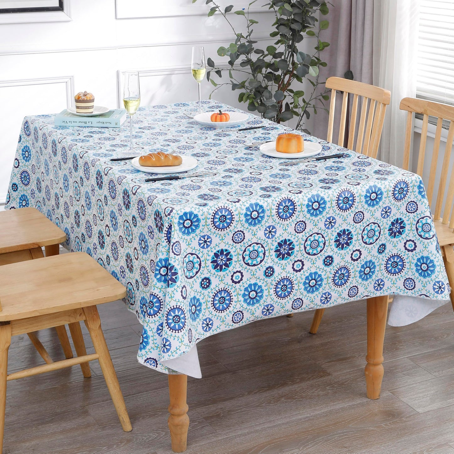 Heavy Duty Vinyl Tablecloth with Flannel Backing Waterproof Oil-Proof Plastic Table Cloth Stain-Resistant Wipeable Rectangle or Square Table Cover for Indoor and Outdoor (Floral Vine,54x54 Inch)