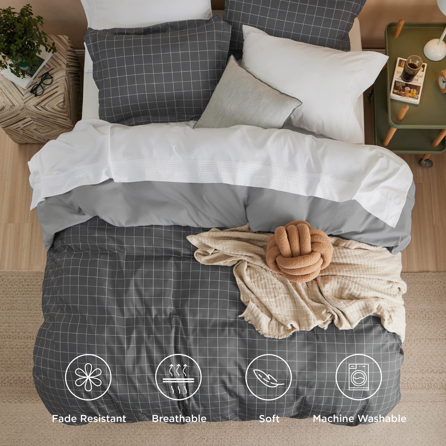 Bedsure Duvet Cover King Size - Reversible Plaid Duvet Cover Set with Zipper Closure, 3 Pieces Dark Grey Bedding Set with 8 Corner Ties and 2 Pillow Shams 20"x36"