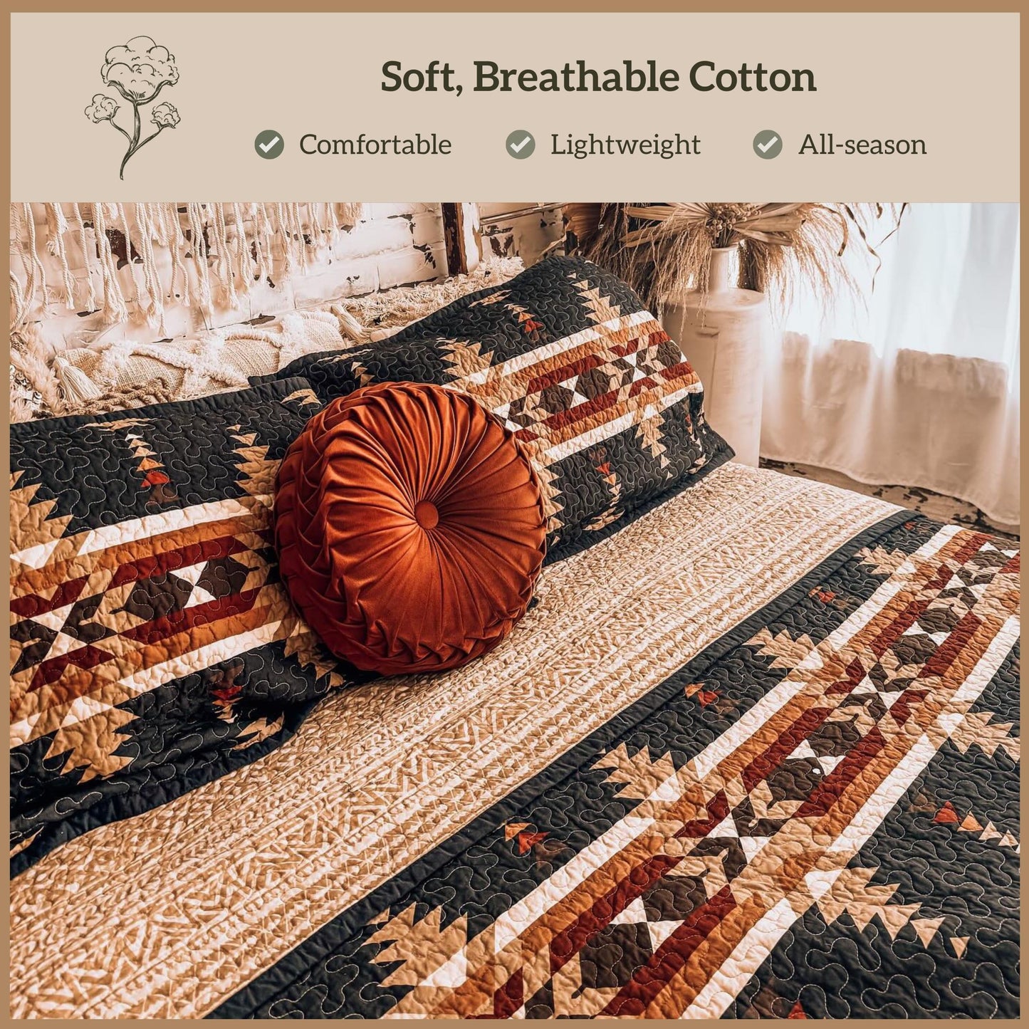 Paseo Road Yosemite Western Bedding 3 Piece Quilt Set with Pillow Shams, King Aztec Bedding Set, Tribal Southwestern Bedding, Geometric Pattern Cotton Reversible Bed Set