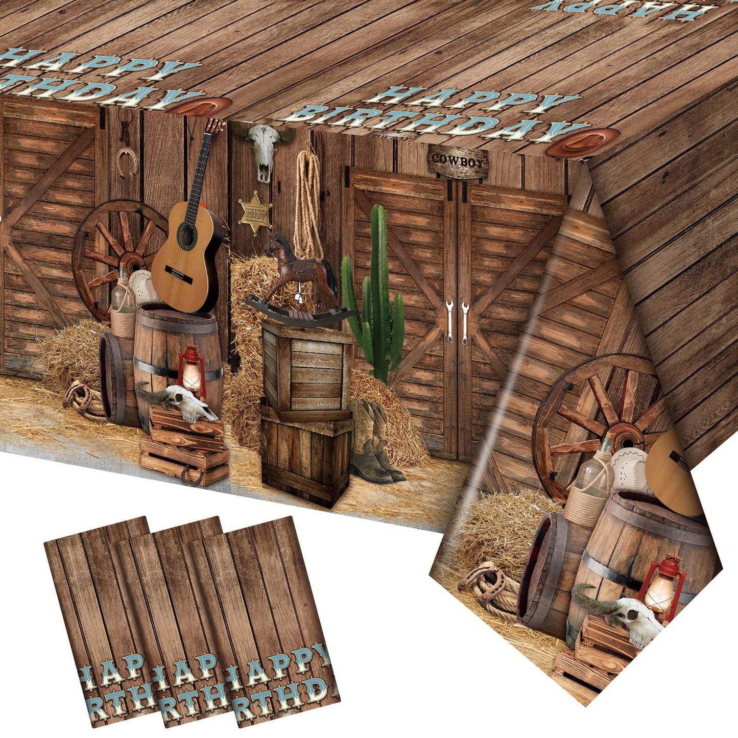 BBTO 3 Pieces Western Tablecloths Cowboy Party Decorations Birthday Table Cover Wild West Happy Birthday Tablecloth Plastic Western Table Cloths Party Decor, 54 x 108 Inches