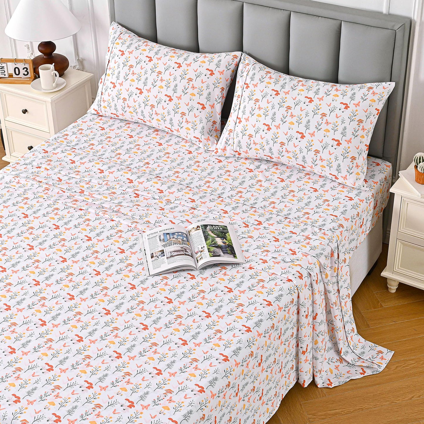 Viviland Mushroom Twin Sheet Set - 4 Piece Vintage Butterfly Flower Patterned Bed Sheets - Soft, Breathable Microfiber Floral Sheets with Deep Pocket, Non-Slip Fitted Sheets & Pillowcases