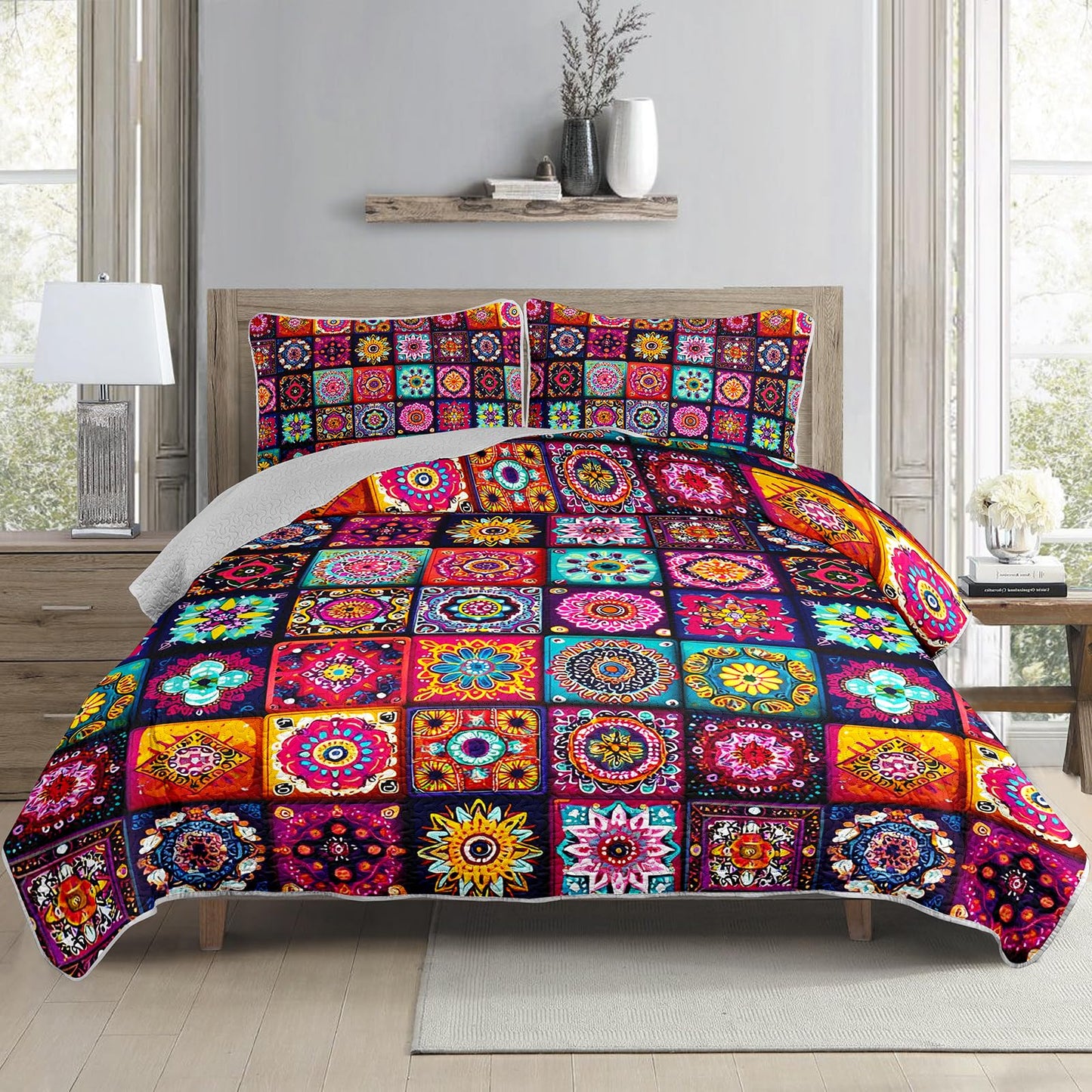 AILONEN Boho Floral Quilt Set King Size, Colorful Mandala Bohemian Ethnic Flower Bedspread Coverlet,Microfiber Bed Cover 3Pcs,2 Pillowcases