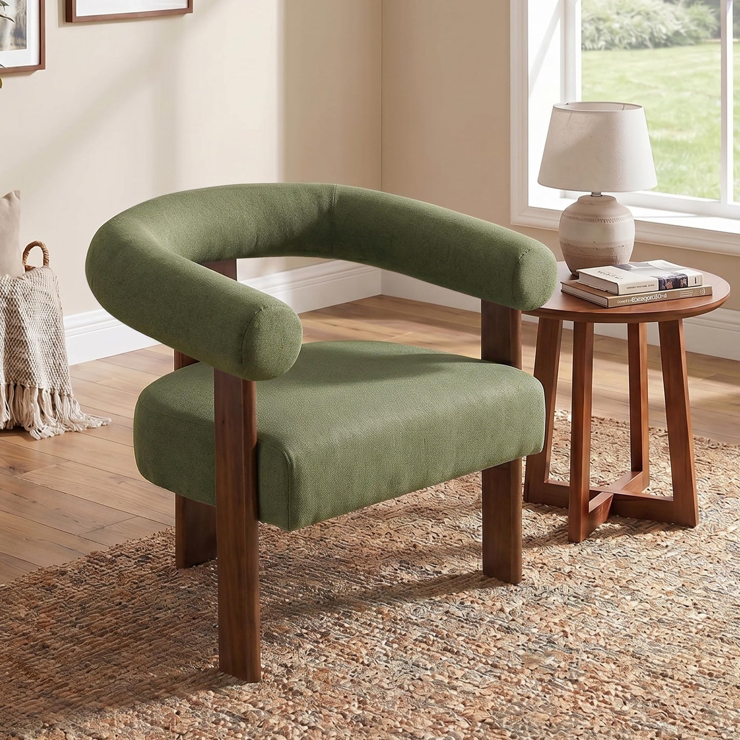 Usaint Upholstered Accent Chair, Mid-Century Modern Arm Chair Living Room Chairs with Walnut Wood Legs, Comfy Barrel Accent Chairs for Living Room, Bedroom, Vanity, Reading Room, Green