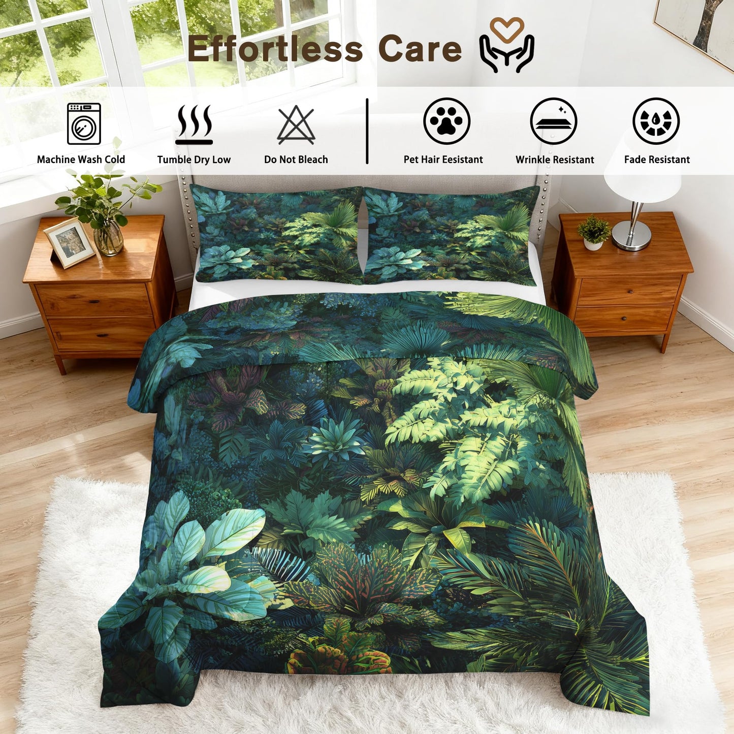 Tropical Leaves Comforter Set King Size 3Pc, Jungle Rainforest Pattern Down Alternative Bed Comforter, 2 Pillow Shams, Soft All Season Bedding, Tropical Leaves Bedroom Decor