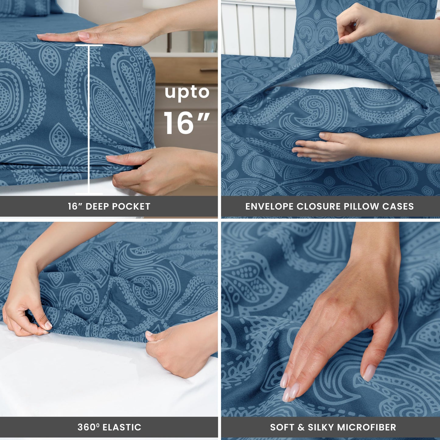 Ultra Soft Wrinkle-Free Microfiber Paisley Queen Sheet Set, Cute Floral Pattern Boho Print – 16" Deep Pocket Fitted Sheet, Flat Sheet & 4 Pillowcases, Breathable, OEKO-TEX - Navy Blue