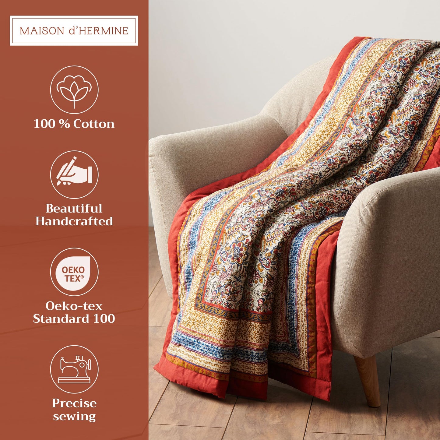 Maison d' Hermine Throw Blanket for Couch Lightweight Soft Warm Breathable Cotton Throw Blankets for Bed Girls Boys Women Men Gifts Sofa Travel Living Room Spring Summer (Jaipur, 60" X 80")