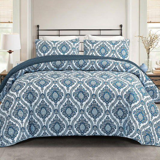 Exclusivo Mezcla Reversible Boho Quilts Queen Size, Blue Soft Bedspreads Lightweight Coverlet All Season Damask Quilt Bedding Set with Printed Floral Pattern (1 Quilt, 2 Pillow Shams)