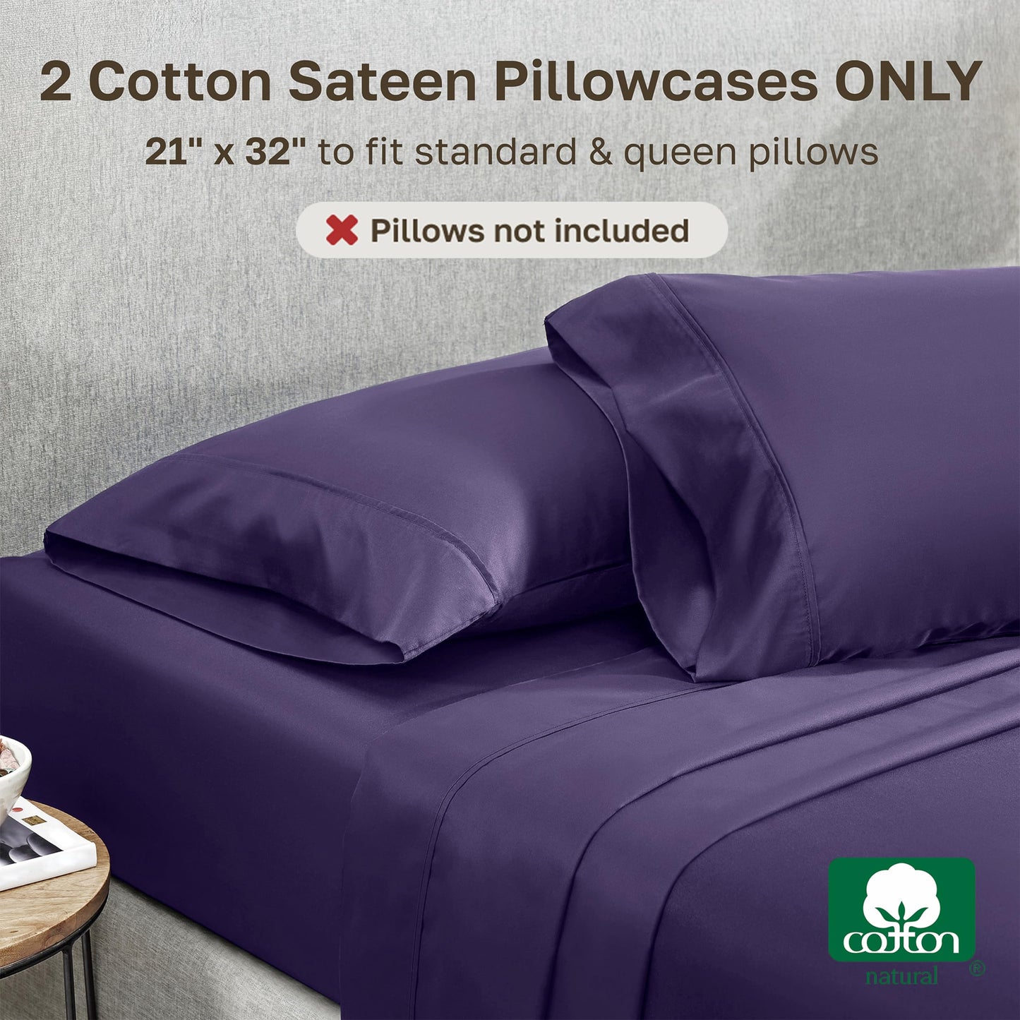 California Design Den Standard Queen Size Pillowcase Set - 400 Thread Count, 100% Cotton Sateen, Set of 2 Pillow Covers, Soft and Breathable - Dark Purple