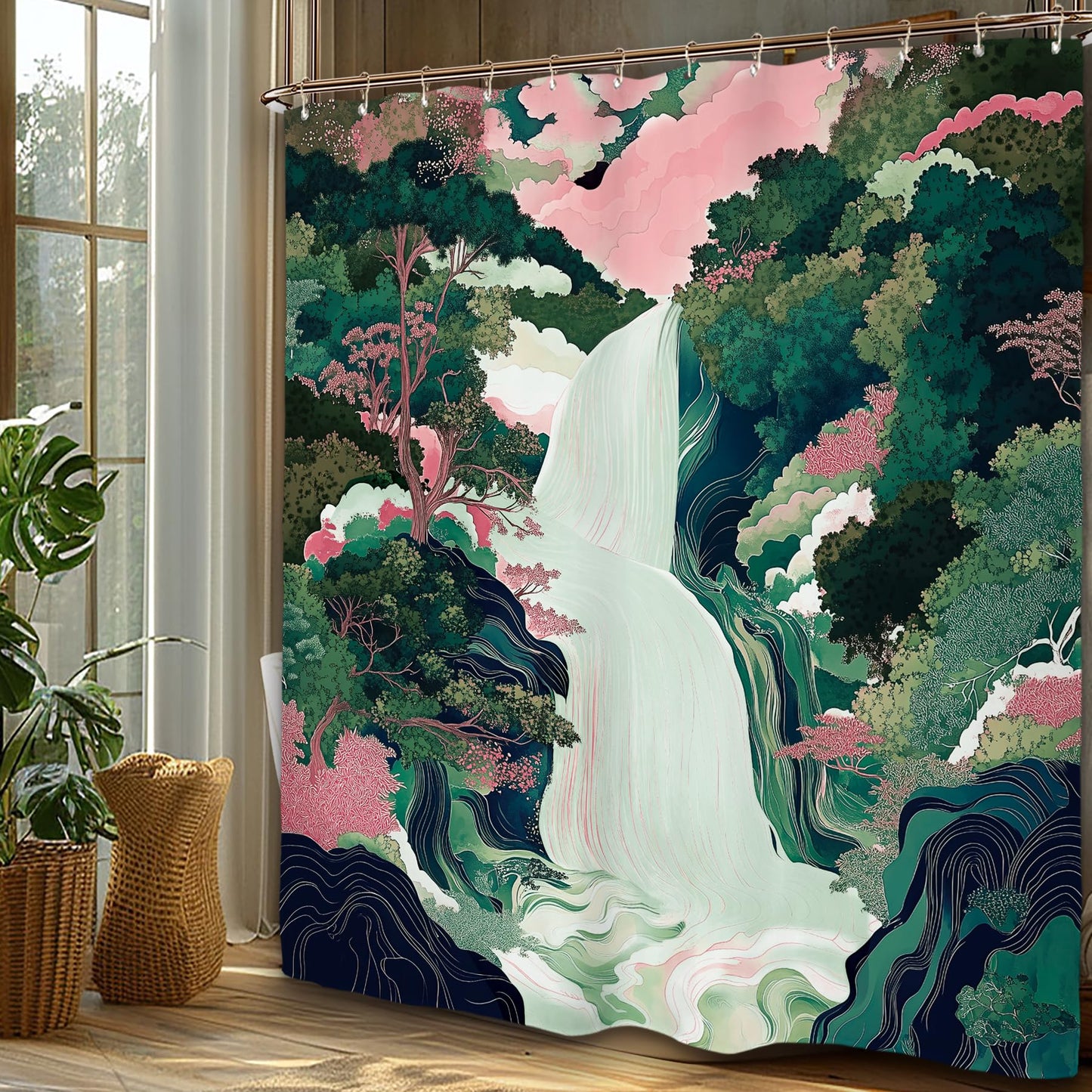 Miyotaa Abstract Waterfall Forest Shower Curtain Set 60Wx71H Inches Emerald Green Pink Japanese Aesthetic Landscape Scene Forest Tree Polyester Waterproof Bathroom Curtain with 12 Hooks