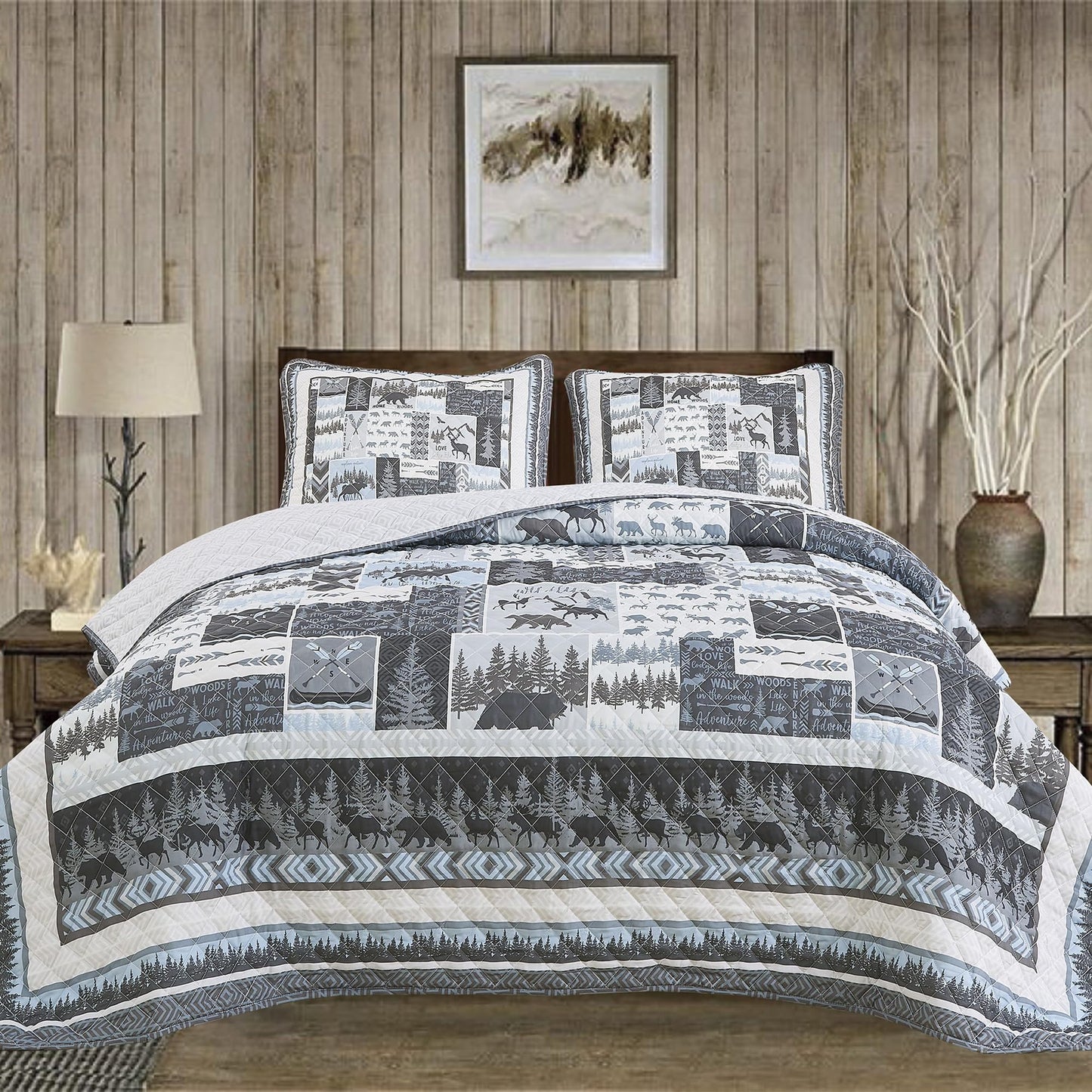 Market & Place Rustic Quilts Full/Queen Size | 3-Piece Cabin Comforter Set with Shams | Reversible Lodge Wildlife Bedding for All Season | Denali Collection (Full/Queen, Wildlife Woods)