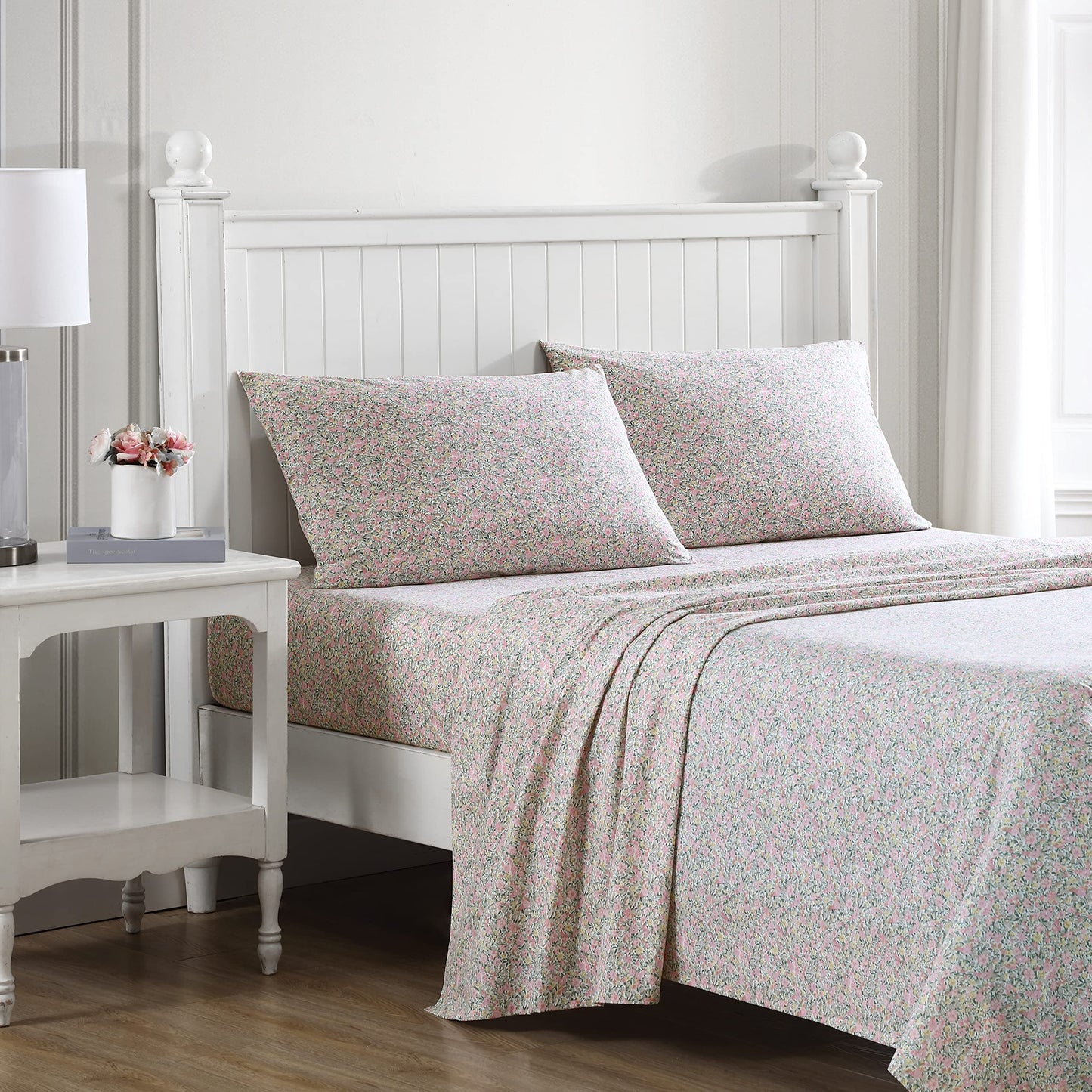 Laura Ashley – Twin Size Sheet Set, Crisp & Lightweight Cotton Percale Bedding with Fitted Sheet and Pillowcase, Floral Room Decor, Deep Pocket, College Dorm Room Essentials (Loveston Pink)