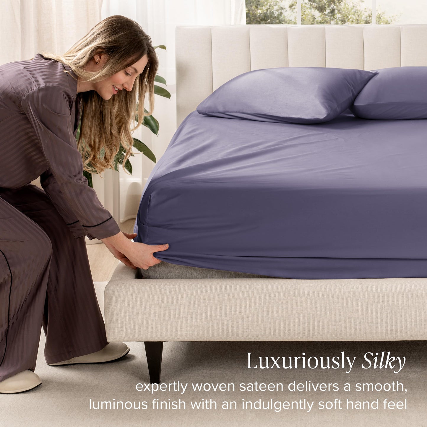 Bare Home 100% Organic Cotton Sateen Fitted Sheet - 400 Thread Count - Smooth Sateen Weave - Breathable & Cooling - Hotel Luxury - Durable Fitted Sheet - Deep Pocket (King, Dusty Purple)