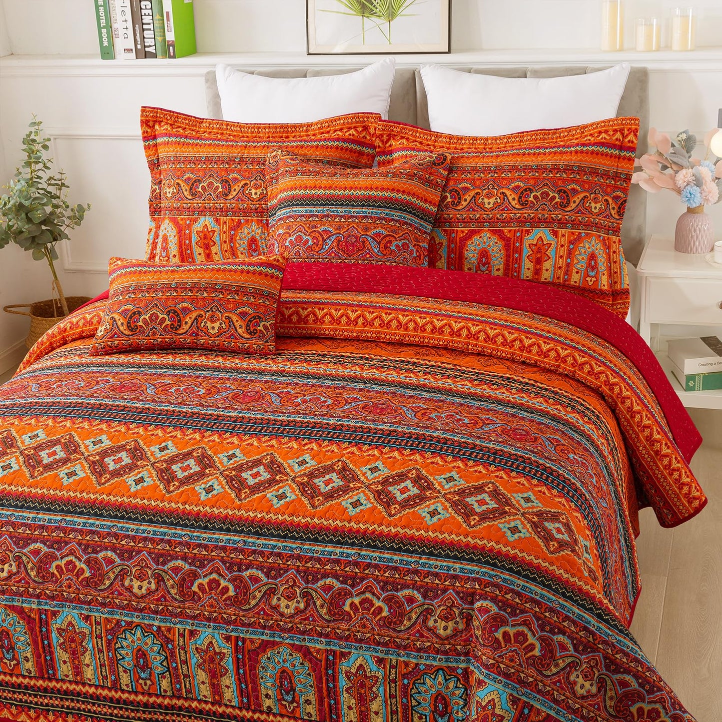TWINRUN Cotton Quilt Queen, 3 Piece Boho Bedspread Queen Size(90 x 98 Inch)， Lightweight Vibrant Orange Red Bohemian Stripes Bedspread, Cotton Coverlet for All Seasons
