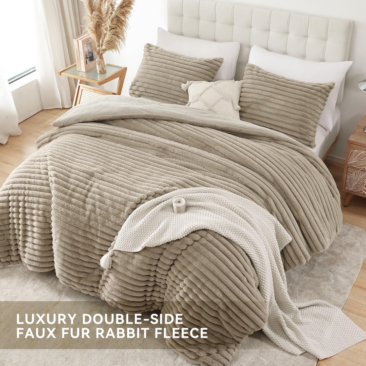 Smoofy Fluffy King Size Comforter Set 3 Pieces - Linen Fleece Fluffy Comforter Set, Luxury Fuzzy King Bedding Set, Soft King Bed Set All Season, Heavy Faux Fur Comforter with 2 Pillow Cases