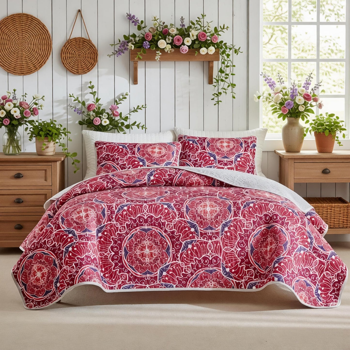 Floral Boho Quilts Queen Size Bedding Set Rose Pink 3 Pieces Farmhouse Botanical Summer Bedspreads with 2 Shams Soft Reversible Lightweight Breathable Coverlet Set for All Season (Rose Pink, Queen)
