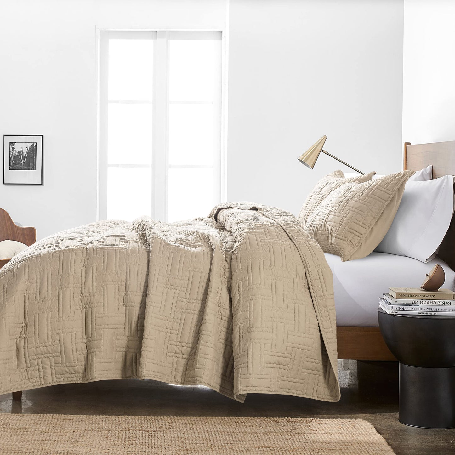 Beige Quilt Queen Size Bedding Sets with Pillow Shams, Cream Tan Lightweight Soft Bedspread Coverlet, Basket Weave Quilted Blanket Thin Comforter Bed Cover for All Season, 3 Pieces, 90x90 inches