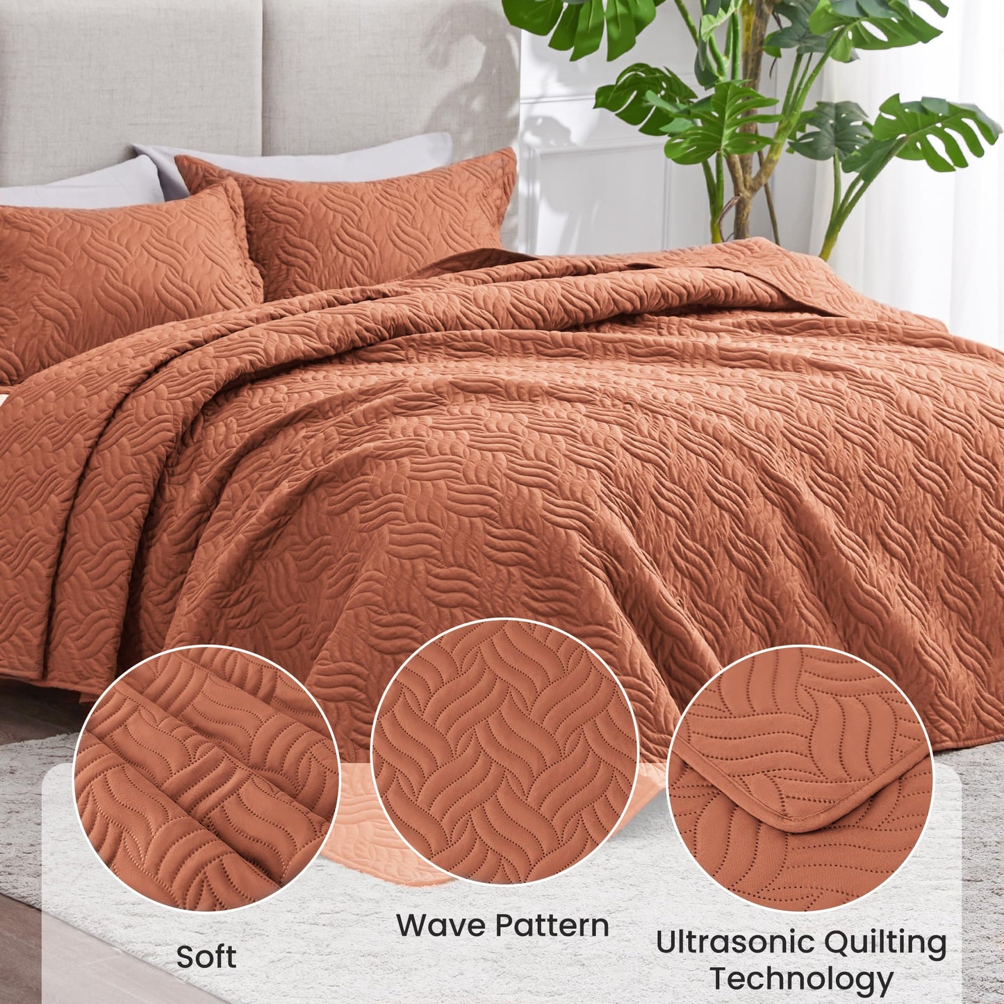 Love's cabin Twin Quilt Bedding Set Umber Bedspreads - Soft Bed Summer Lightweight Bedspread Comforter - Wave Pattern Bedding Coverlet for All Season - 2 Pieces (1 Quilt, 1 Pillow Sham)