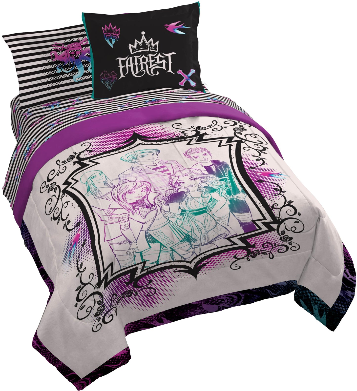 Jay Franco Kids Comforter Set Includes Sheets and Pillow Cover - Soft and Cozy Bed Set for Stylish Room Décor, Multi - Descendants, 7 Piece Queen