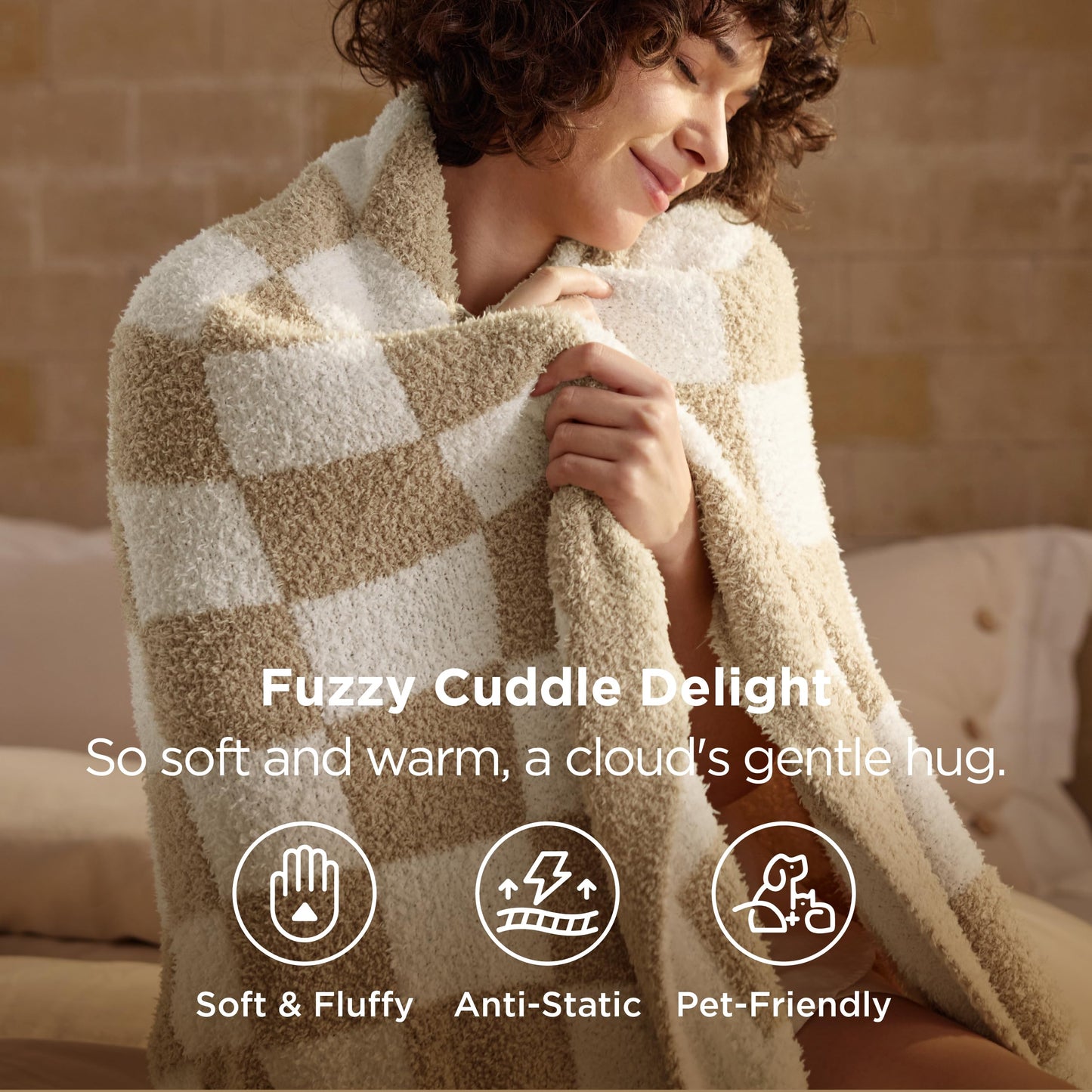 Bedsure Beige Throw Blanket for Couch, Cozy Soft Checkered Blanket, Lightweight Warm Knit Fluffy Throw Blankets for Bed Sofa, Camping, Picnic, Travel, Gifts for Women Men, 50x60 Inches