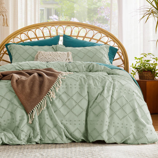 Bedsure Boho Duvet Cover Queen Size - Sage Green Breathable & Soft Boho Bedding, Machine Washable Comforter Cover for All Seasons, Includes 1 Duvet Cover 90"x90" with 2 Pillow Shams & Zipper Closure