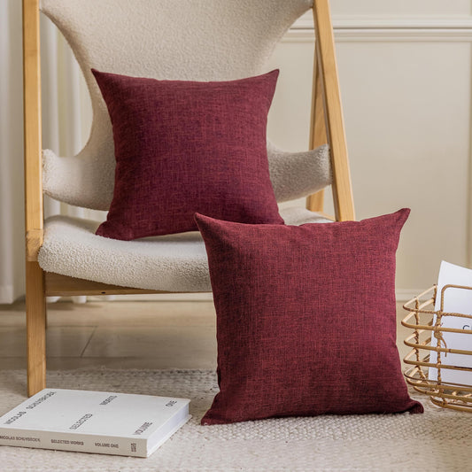 Home Brilliant Red Pillow Covers 18 x 18 Set of 2 Wine Red Vintage Lined Linen Throw Pillow Cases Pillow Covers for Sofa Couch and Living Room Decor, 18x18 Inch, Wine Red