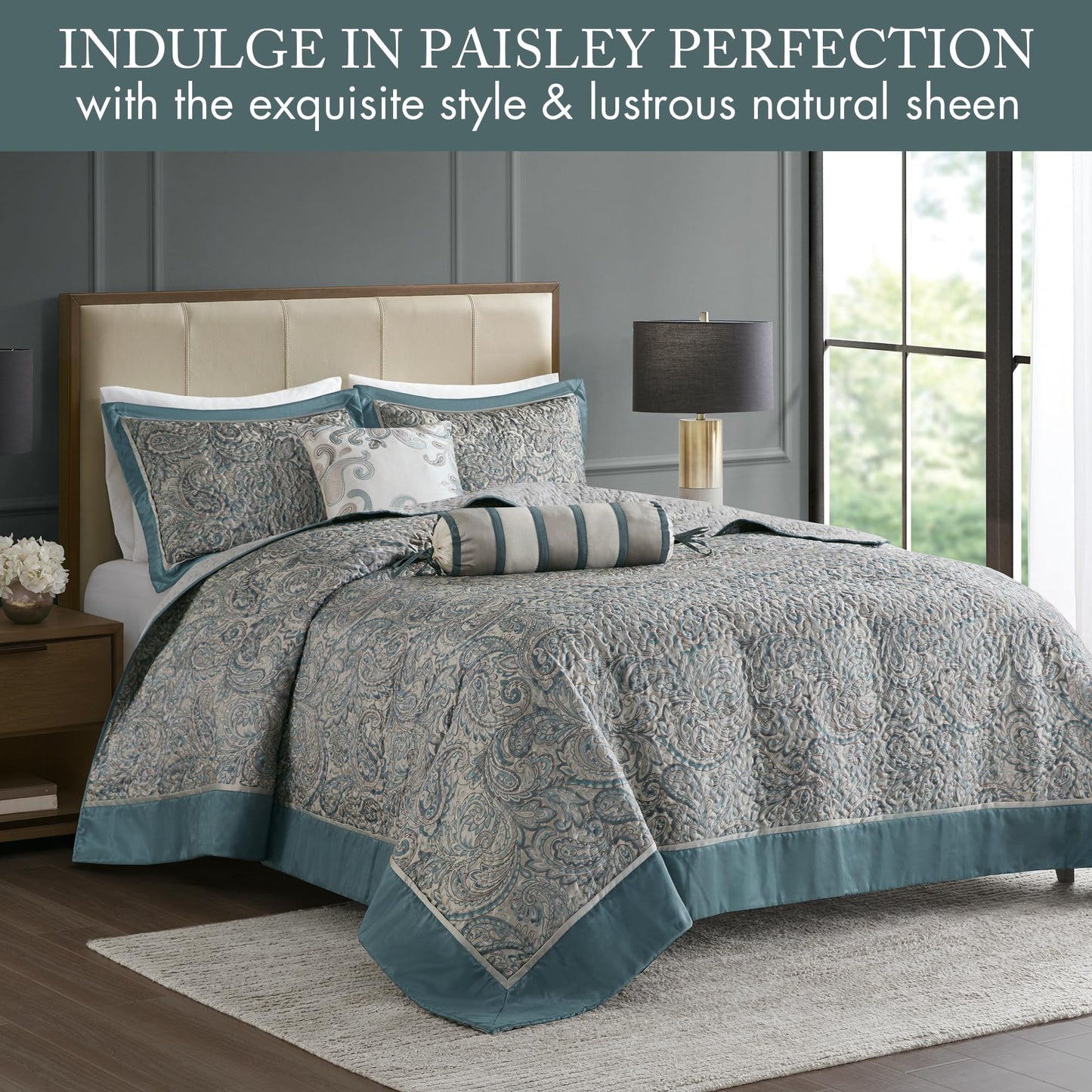 Madison Park Aubrey Reversible Quilted Bedspread Set, Solid Reverse Summer Breathable, Lightweight All Season Bedding Layer, Matching Shams, Bedspread Queen(102"x118") Teal 5 Piece