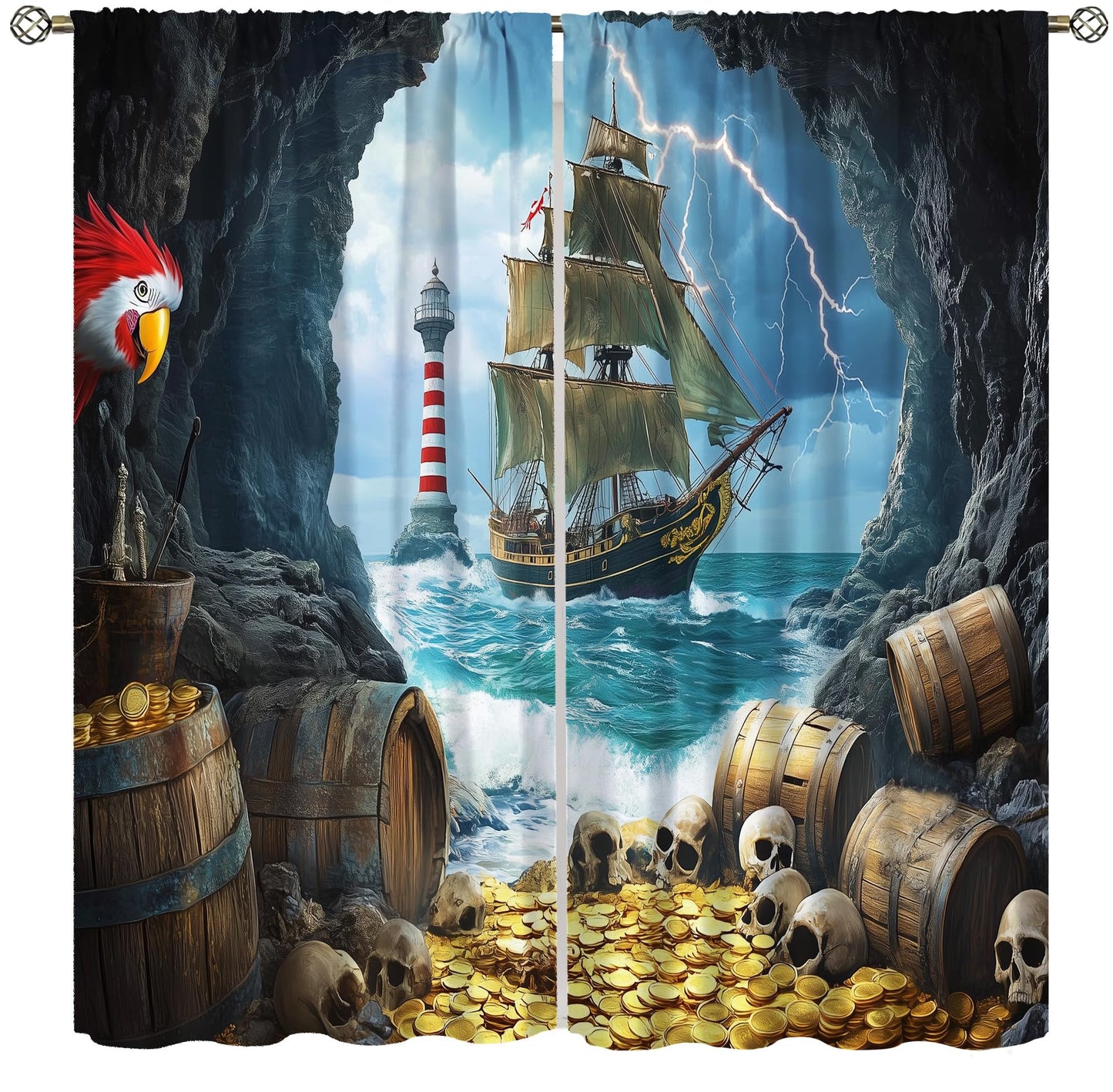 wlsgdsg Pirate Ship Curtains for Boys Retro Medieval Nautical Era Pirate Ship Treasure Gold Coin Pattern Window Treatments for Kids Teen Bedroom Living Room 42x44.5In（No Blackout）