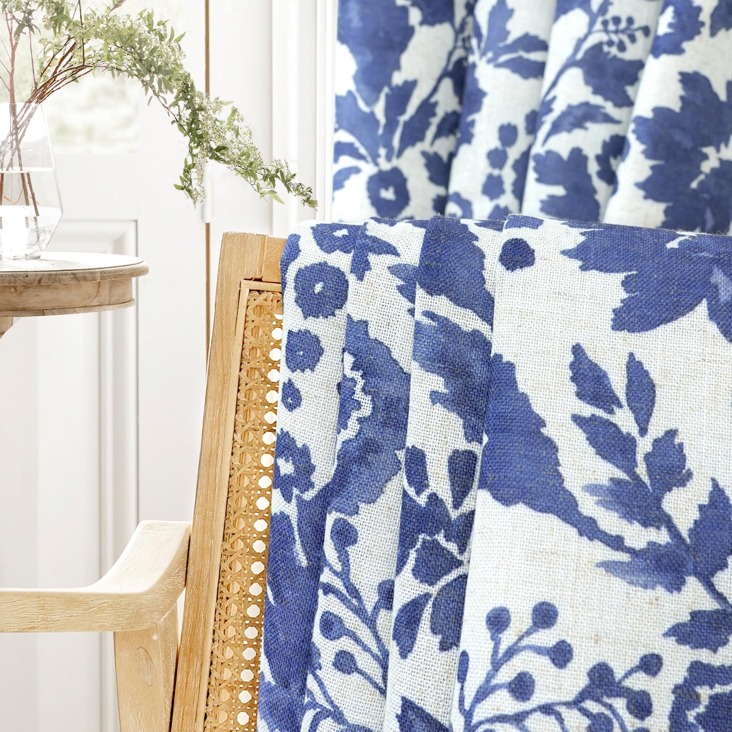 DriftAway Julia 100% Blackout Linen Curtains for Bedroom Navy Floral Watercolor Pattern Double Layer Thermal Insulated Sound Reducing Drapes for Living Room Grommet 2 Panels Each W52 x L84 Linen Navy
